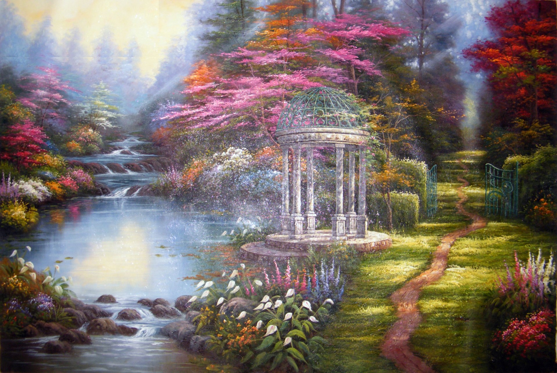 thomas kincaid peinture peinture jardin pergola fleurs sentier rivière