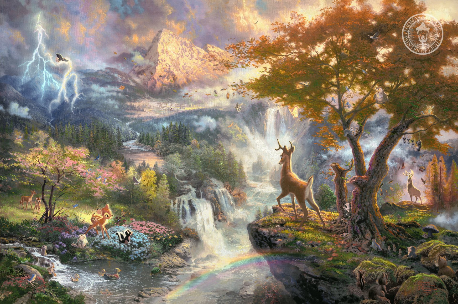 bambi primo anno thomas kincaid pittura walt disney film arte bambi classico cartone animato bello natura fiume montagne cascata uccelli animali