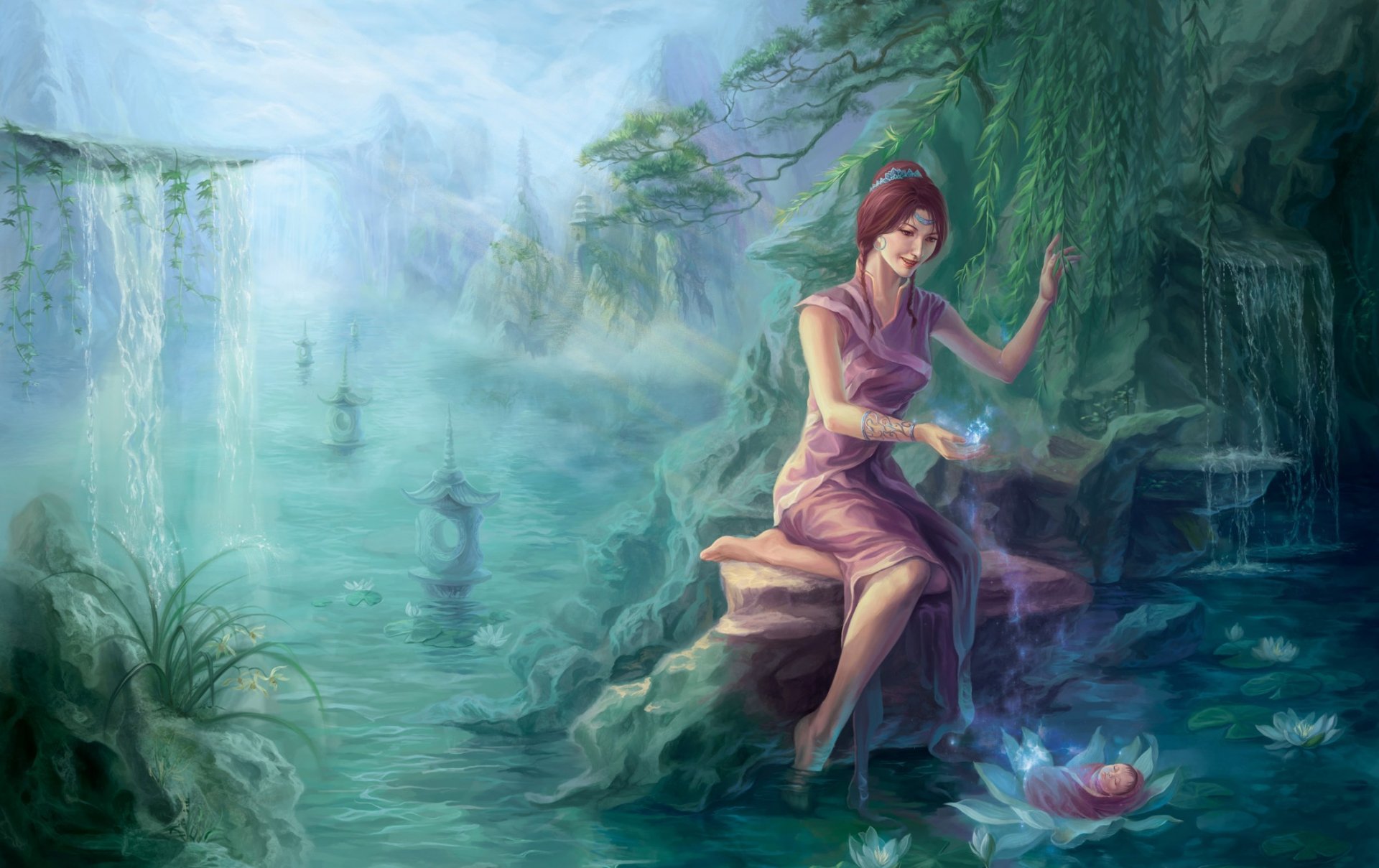 art girl forest water pond river river waterfall lotus willows child infant magic asia rock