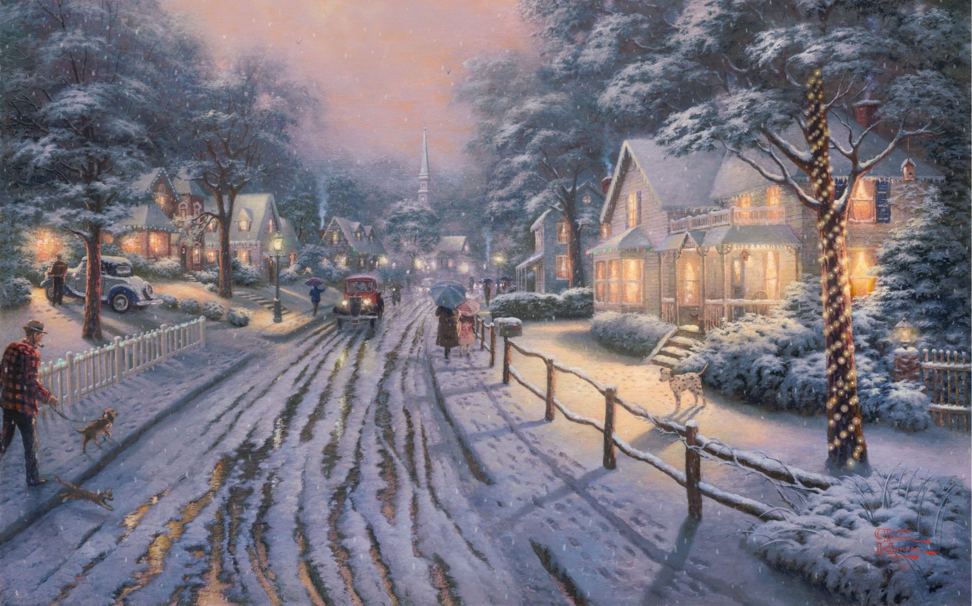 città natale ricordi di natale bello natale immagine thomas kincaid arte pittura inverno neve lanterne cottage città pittura città case cottage luci persone ombrelli strada auto cane dolmata inverno