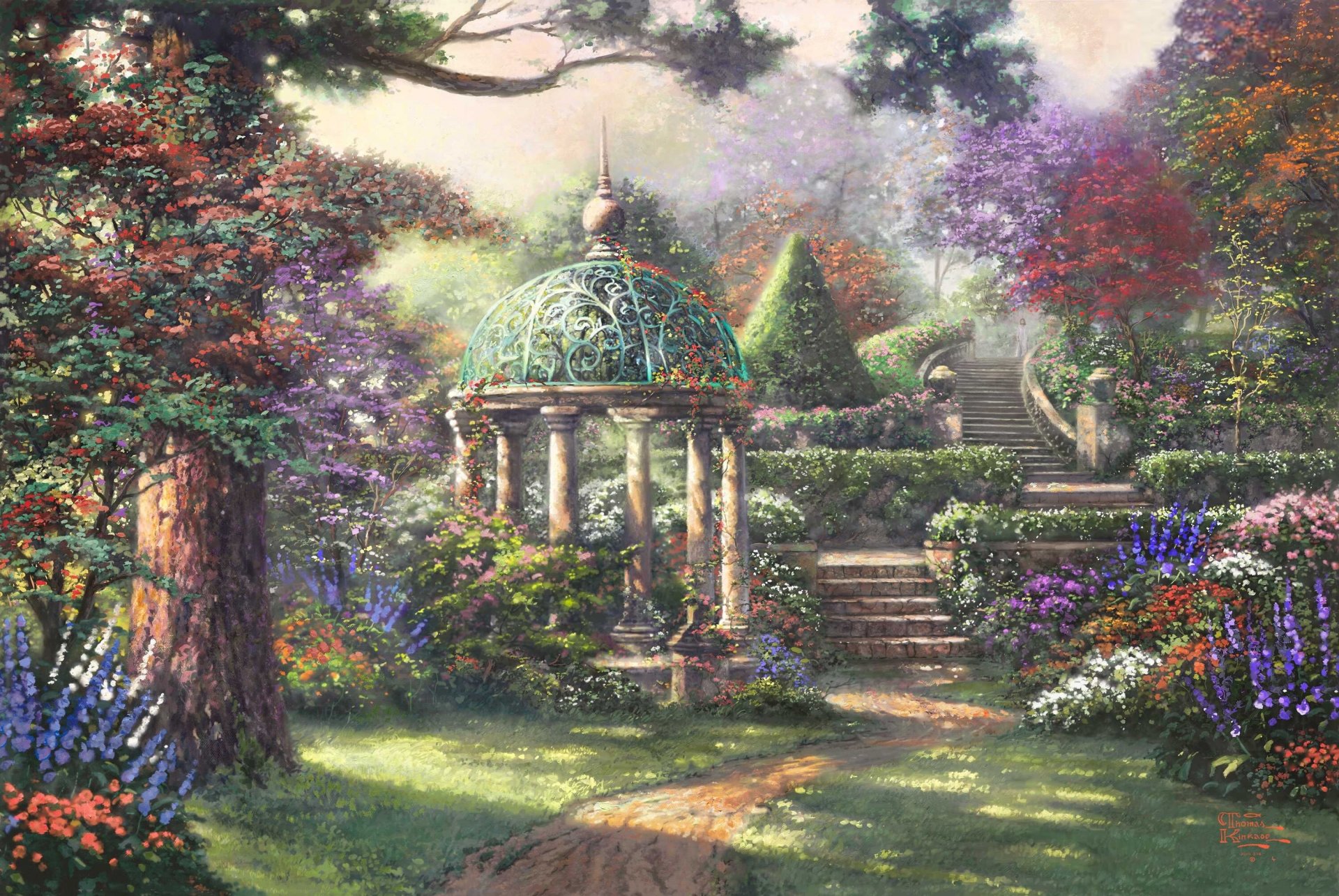 gazebo di preghiera thomas kincaid pittura paesaggio gazebo fiori alberi foresta