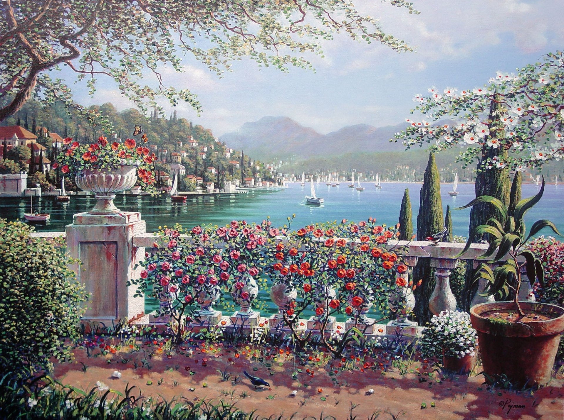 terraza en bellagio bob pejman bellagio italia pintura bob peiman ciudad lago lago de como vela flores rosas ciprés