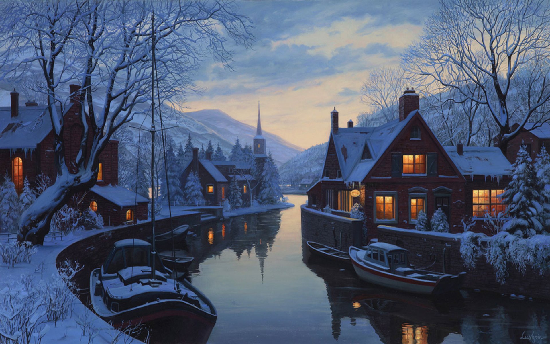 old hotel on the river bank eugene lushpin painting lushpin winter snow houses chapel trees river boats eugene lushpin lushpin winter fir trees mountains evening twilight