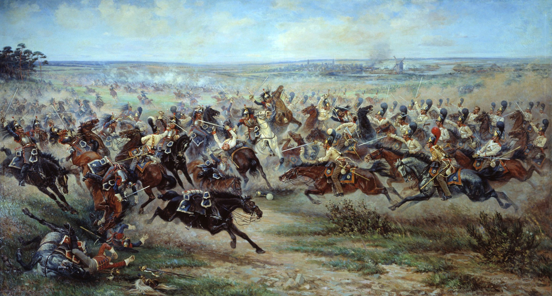 bataille guerre soldats russe français cavalerie fumée champ guerre patriotique peintre mazurie