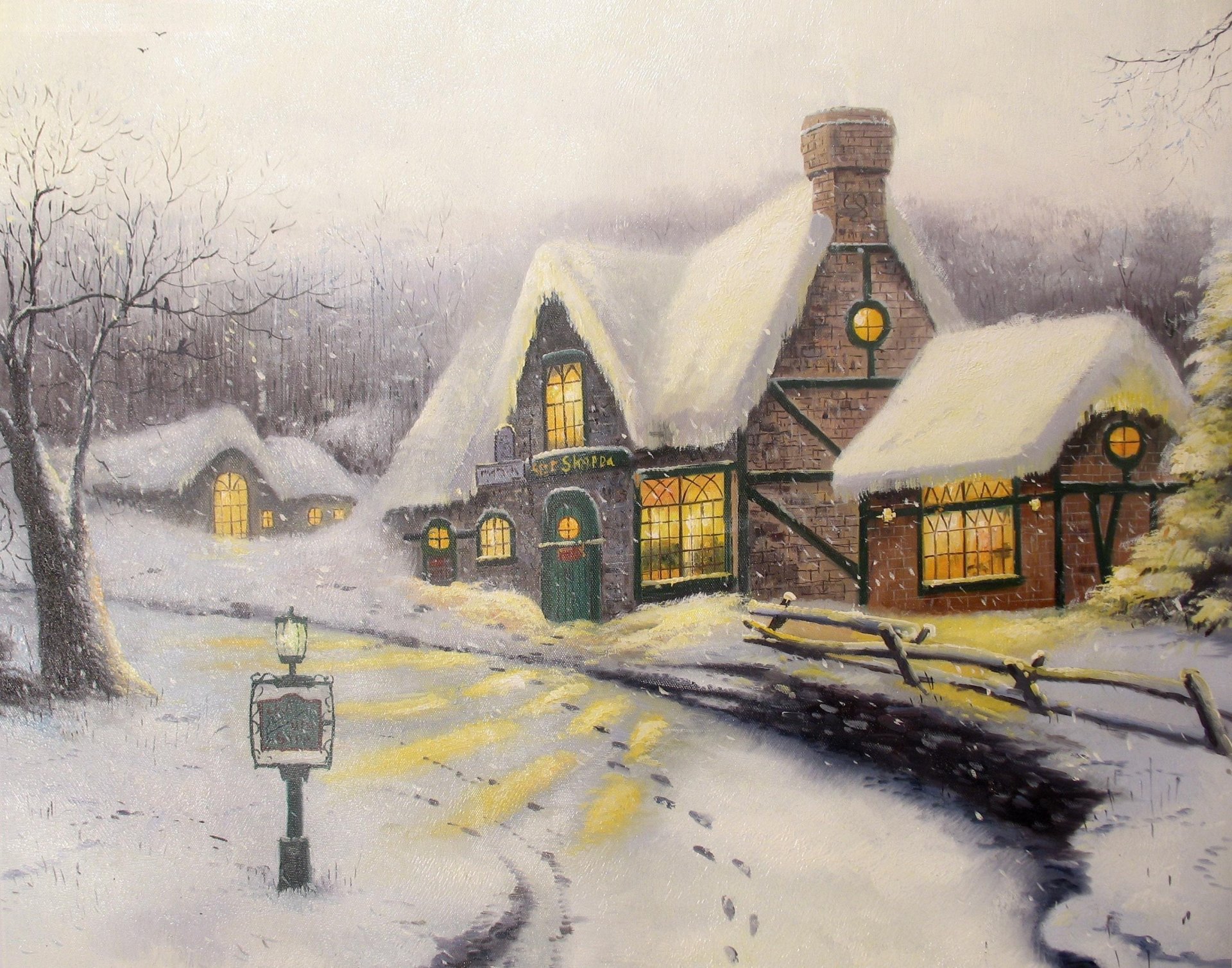 thomas kinkade invierno nieve cabaña pintura pintura olde porterfield regalo shoppe