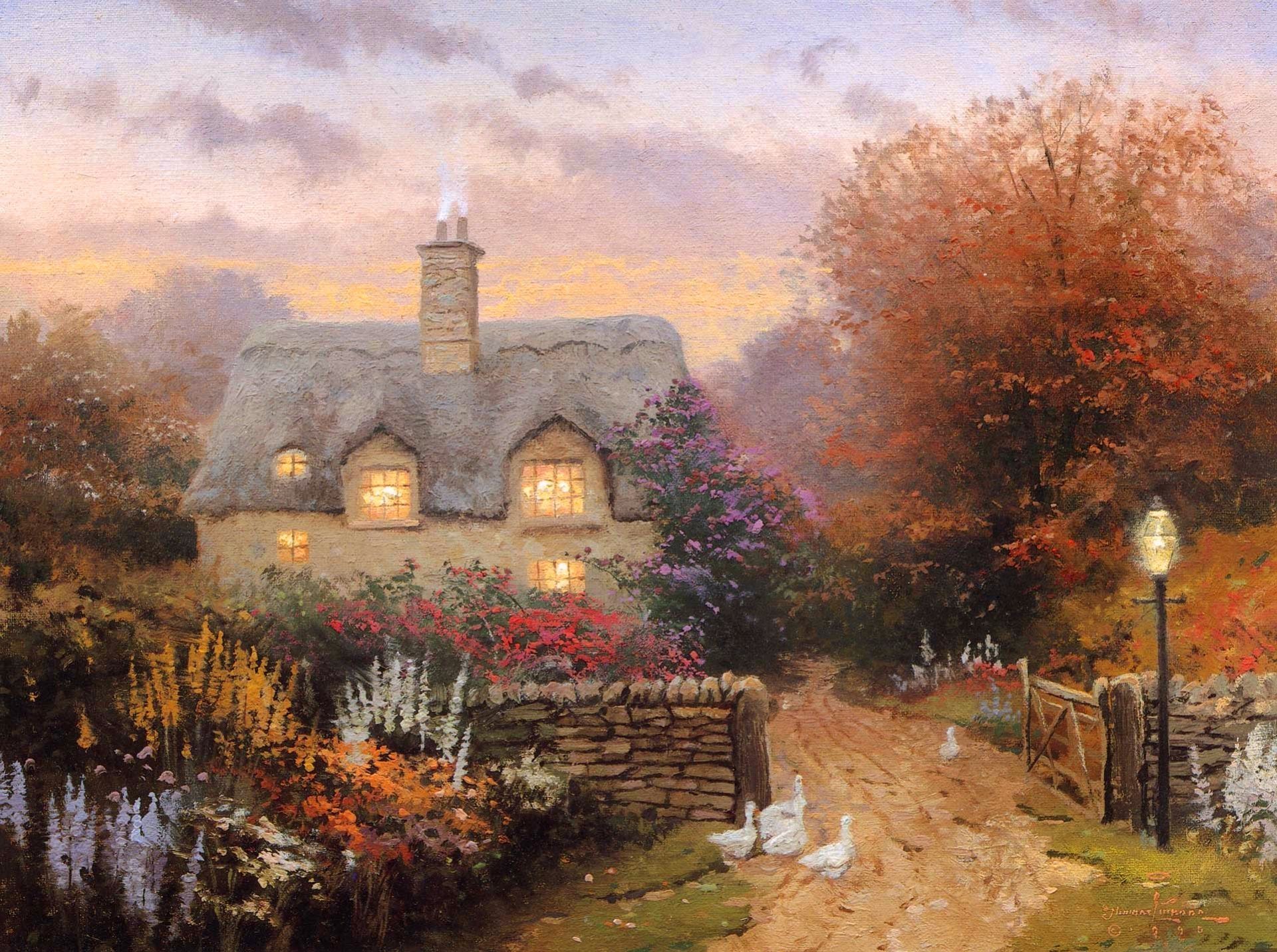 thomas kinkade kincaid sunset cottage house flower geese pattern painting