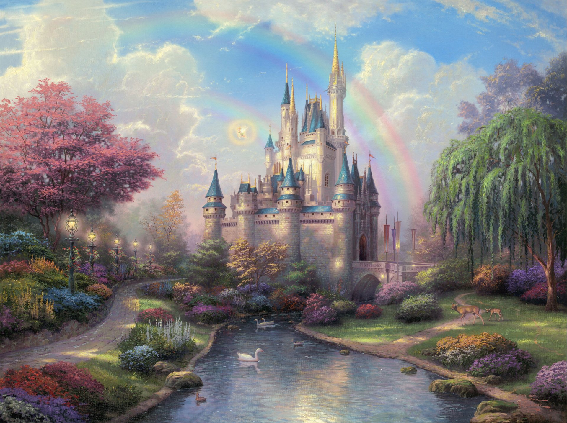 nuevo día en el castillo de cenicienta thomas kinkade pintura castillo de cenicienta castillo disneyland parque árboles sauce flores puente río patos ciervos camino camino linternas arco iris