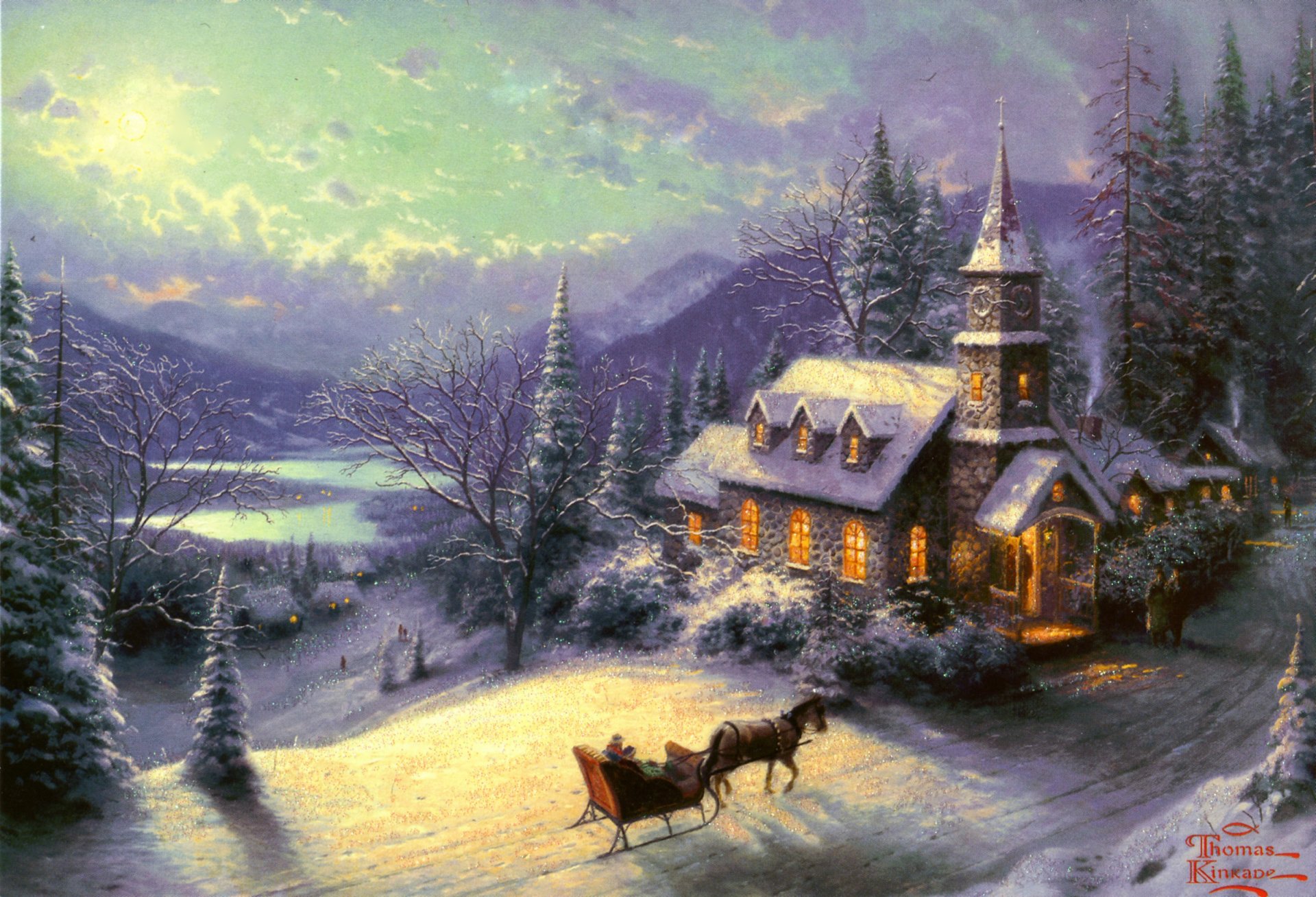 domingo eva trineo thomas kinkade pintura invierno invierno luna luz nieve casa capilla carretera caballo trineo domingo tarde vacaciones montaña lago bosque abeto pintura pinturas dibujo dibujos arte