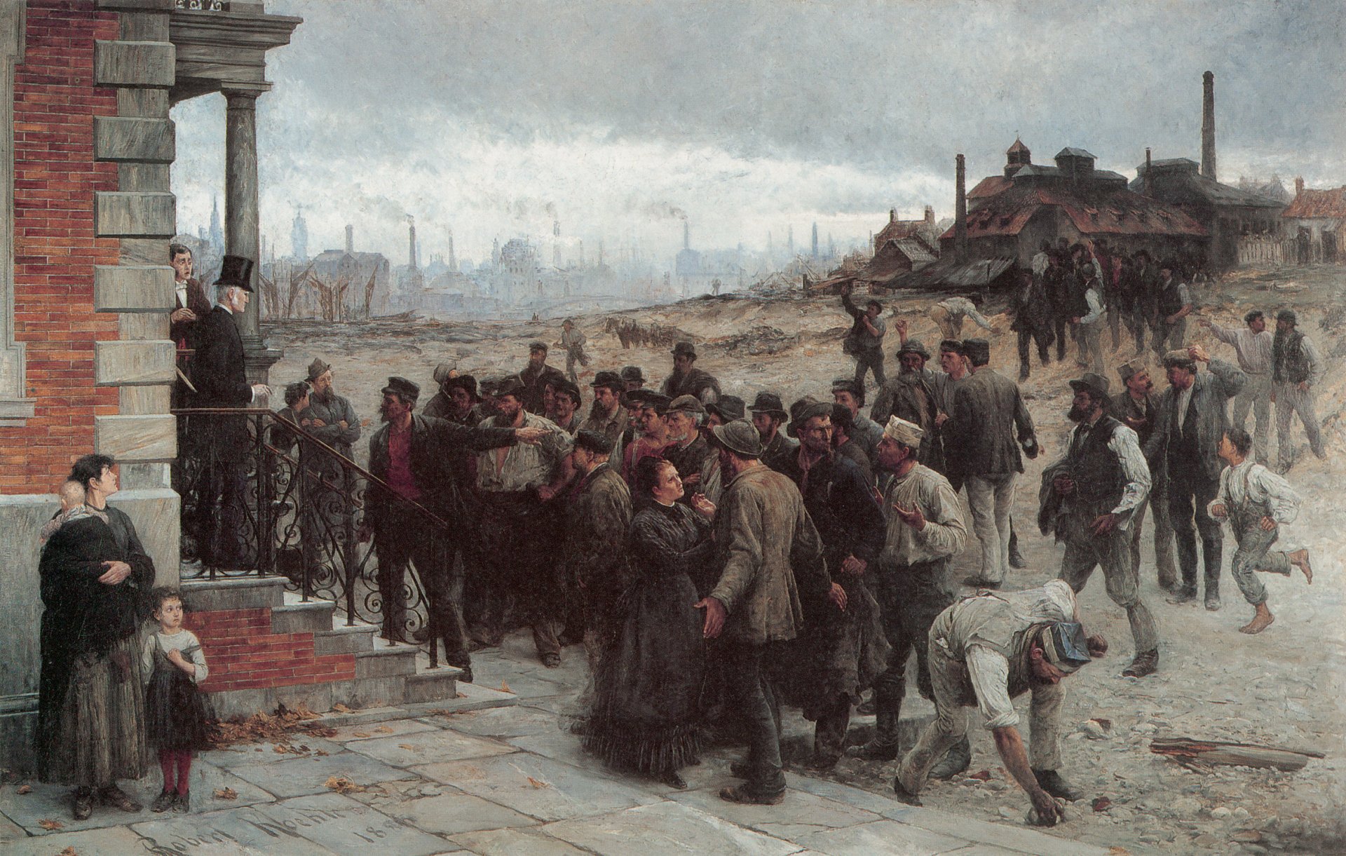 robert koehler pintura huelga trabajadores trabajos hombre planta fábrica 1880 xix pintura huelga proletariado marx y engels capital obreros propietario de fábricas y barcos de vapor pueblo humo cielo gris hombre con piedra