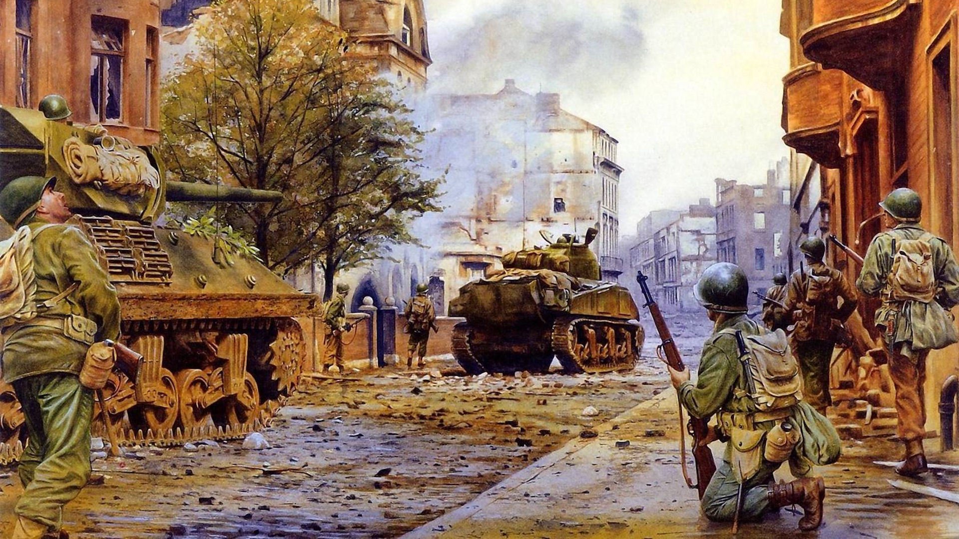 guerra americani carri armati città rovine rovina soldati battaglia sherman strada fumo edifici legno due a sinistra