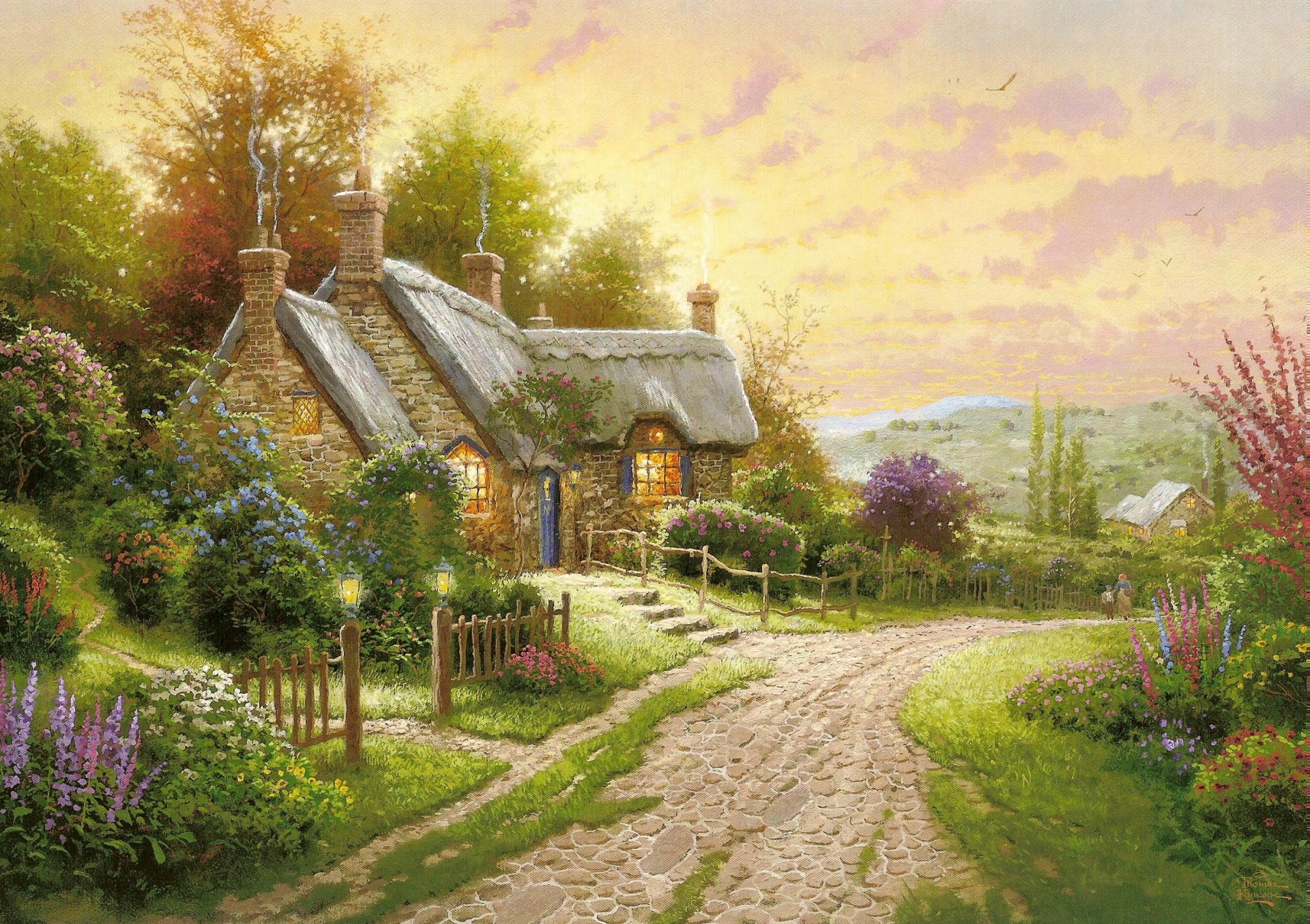 thomas kincaid estate cottage casetta fiori strada sera pittura pittura