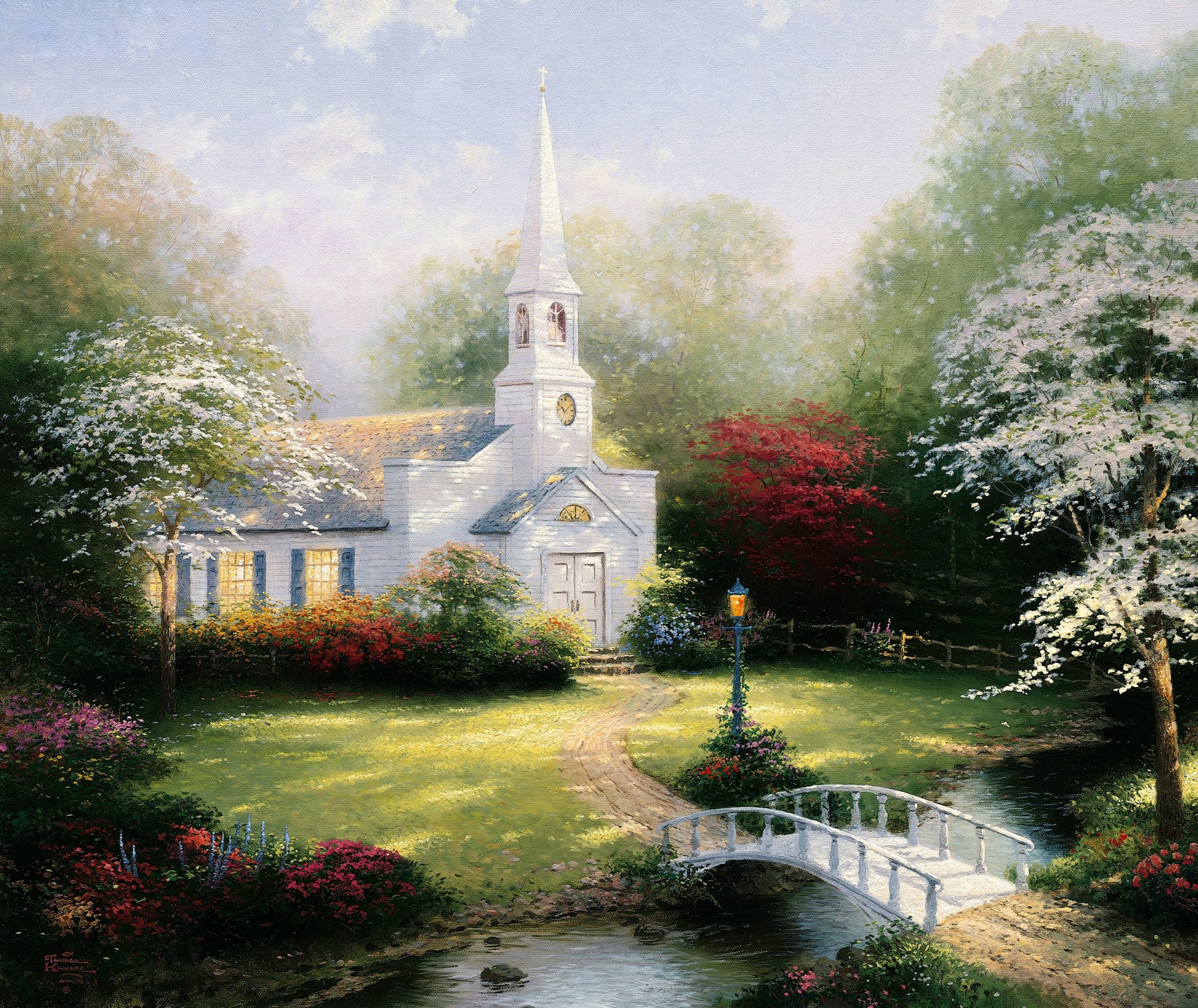 ciudad natal capilla thomas kinkade capilla puente lámparas pintura río linterna pintura pinturas dibujo dibujos