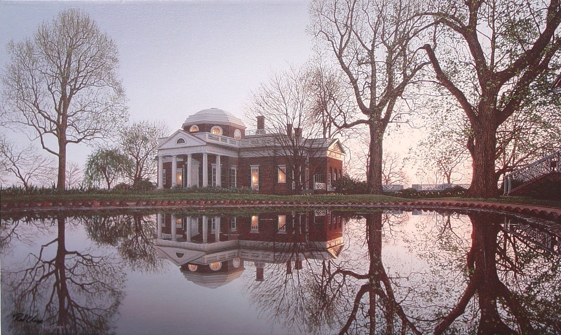 jefferson monticello rod chase pintura monticello virginia estados unidos sitio histórico nacional virginia mansión monumento del patrimonio mundial casa mansión estanque reflexión primavera