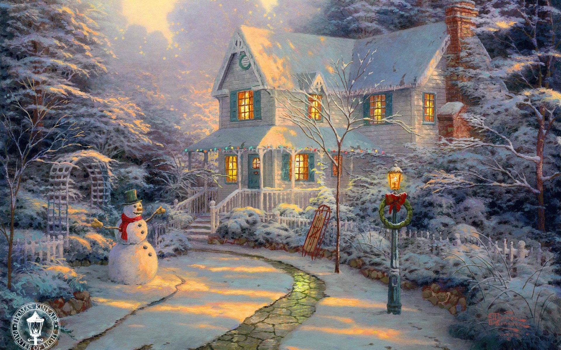 the night before christmas thomas kincaid painting christmas vacation winter snowman cottage sunset the night before christmas holiday path sled lantern house