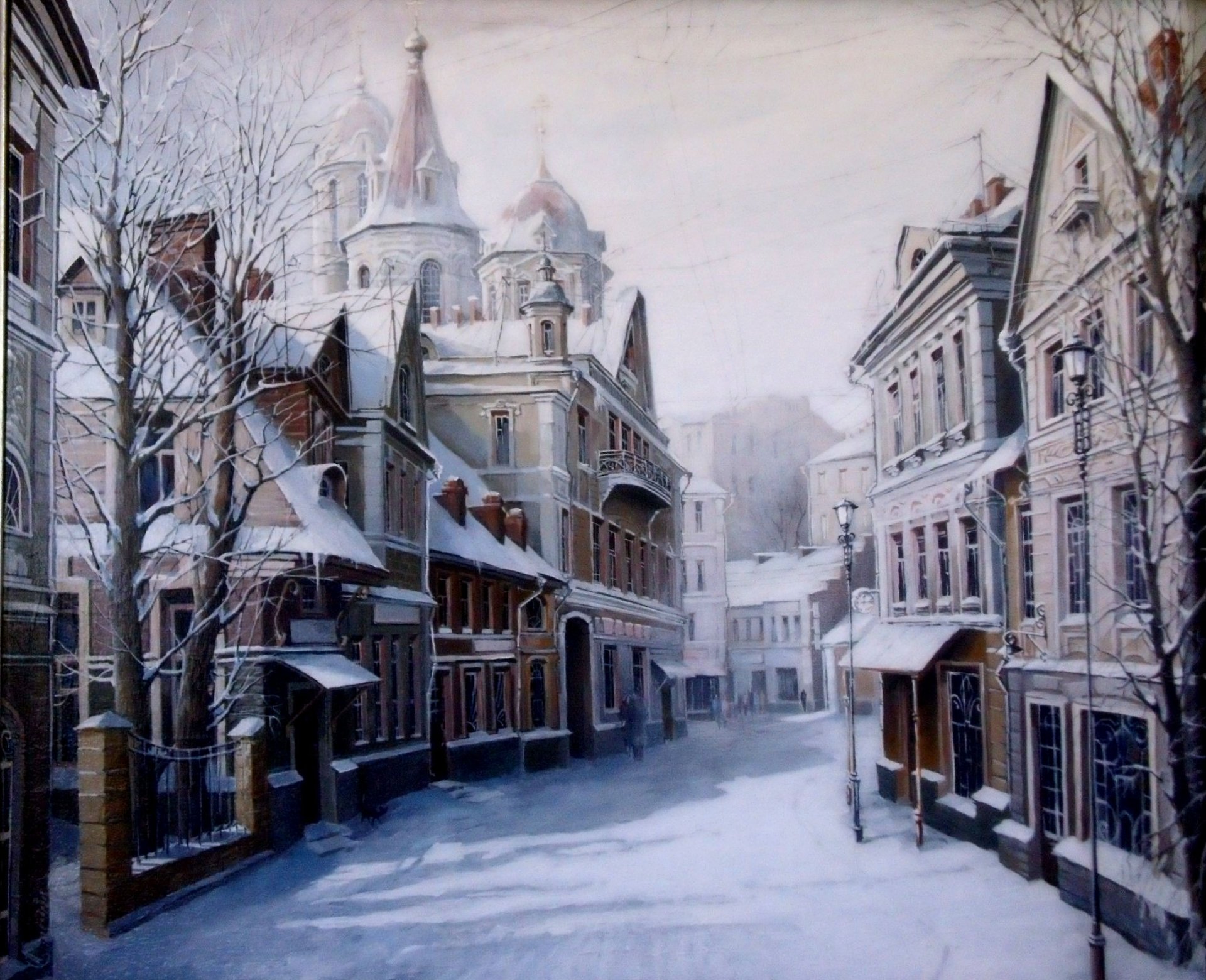 pintura pintura alexander starodubov invierno ciudad nieve carretera casa linterna árboles