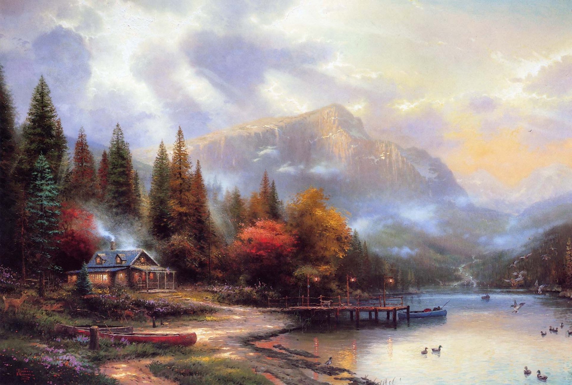 thomas kincaid montañas casa río otoño pintura