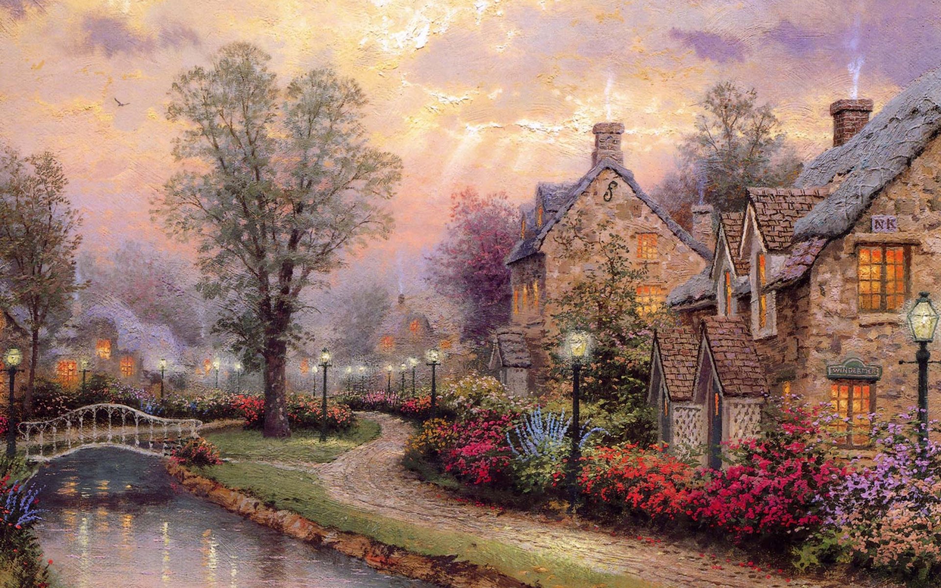 lamplight per thomas kincaid pittura ponte cottage cottage luce della lampada fiume strada lanterne luce illuminazione fiume pittura dipinti disegno disegni