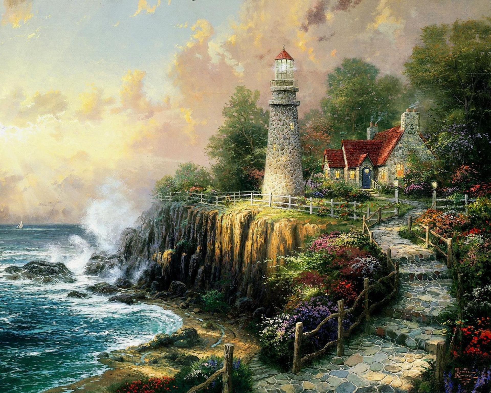 luz del mundo thomas kinkade arte pintura mar faro cabaña casa olas acantilado piedra camino escalones naturaleza