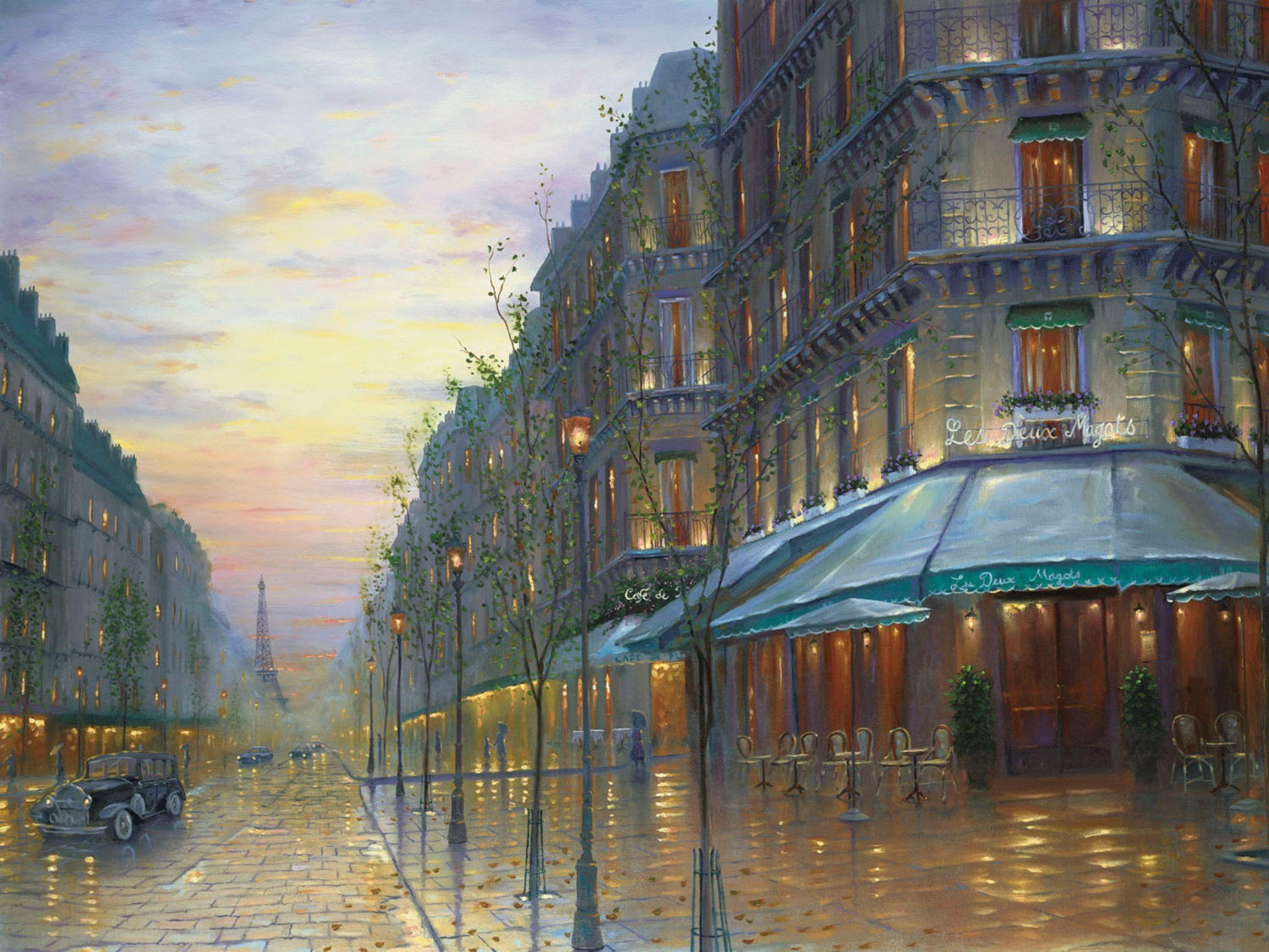 cafe de paris robert finale painting paris france club eiffel tower street buildings evening retro