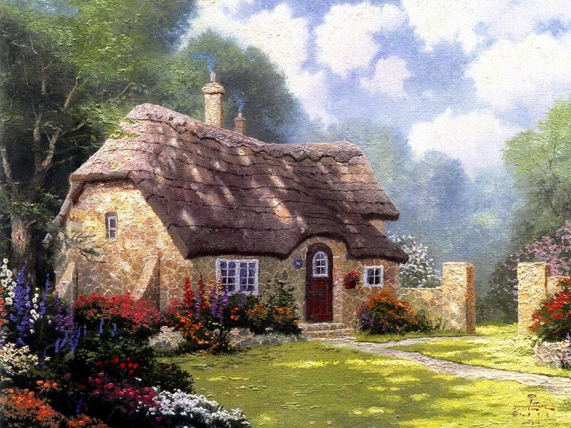 cottage nella foresta thomas kincaid pittura estate cottage bello casa pietra paglia tetto fiori cielo nuvole soleggiato giorno