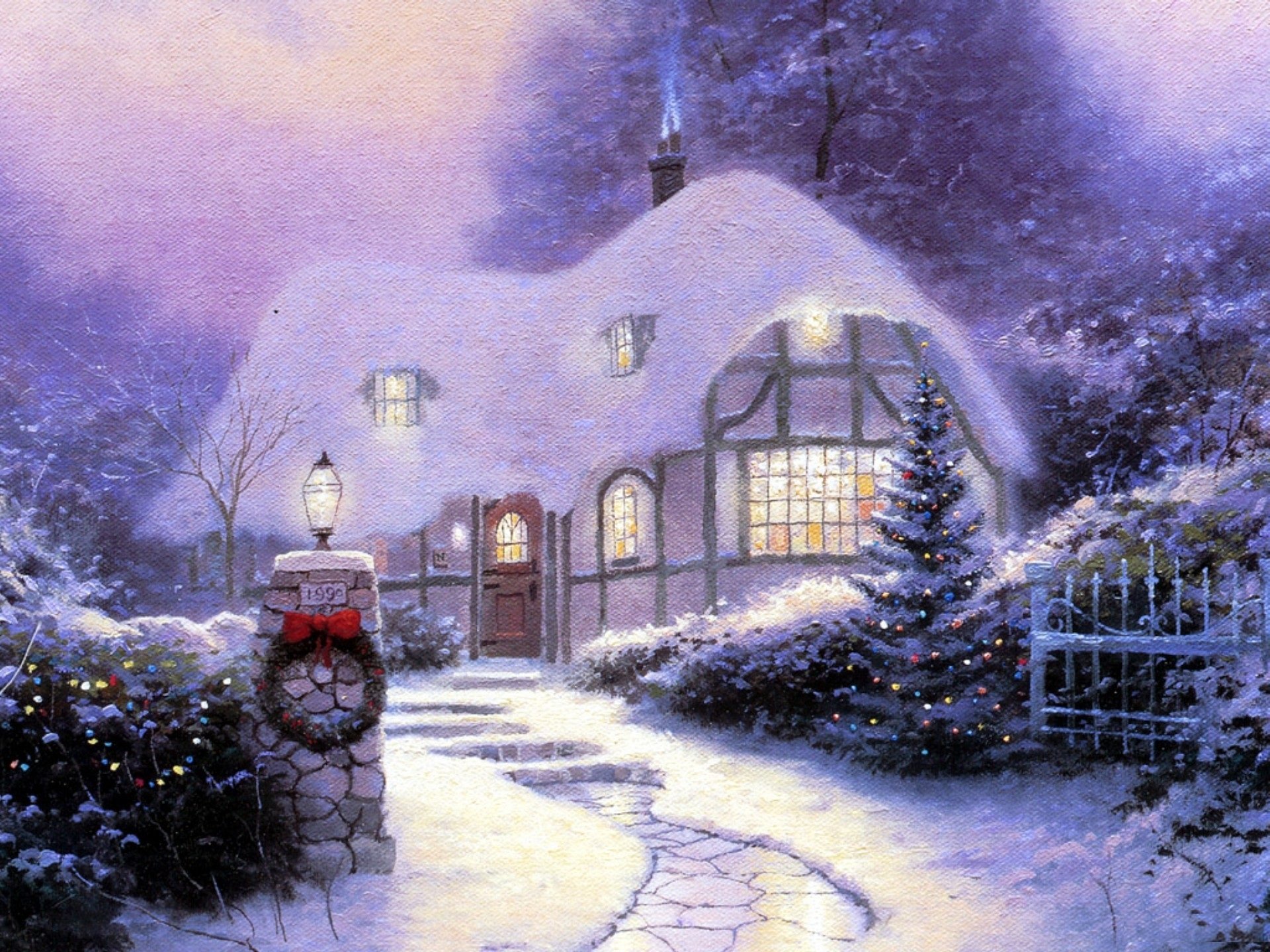 casa de navidad de 1990 thomas kinkade casa de navidad de 1990 nieve vacaciones linterna habitación 1990 camino escalones luz en las ventanas pintura pintura