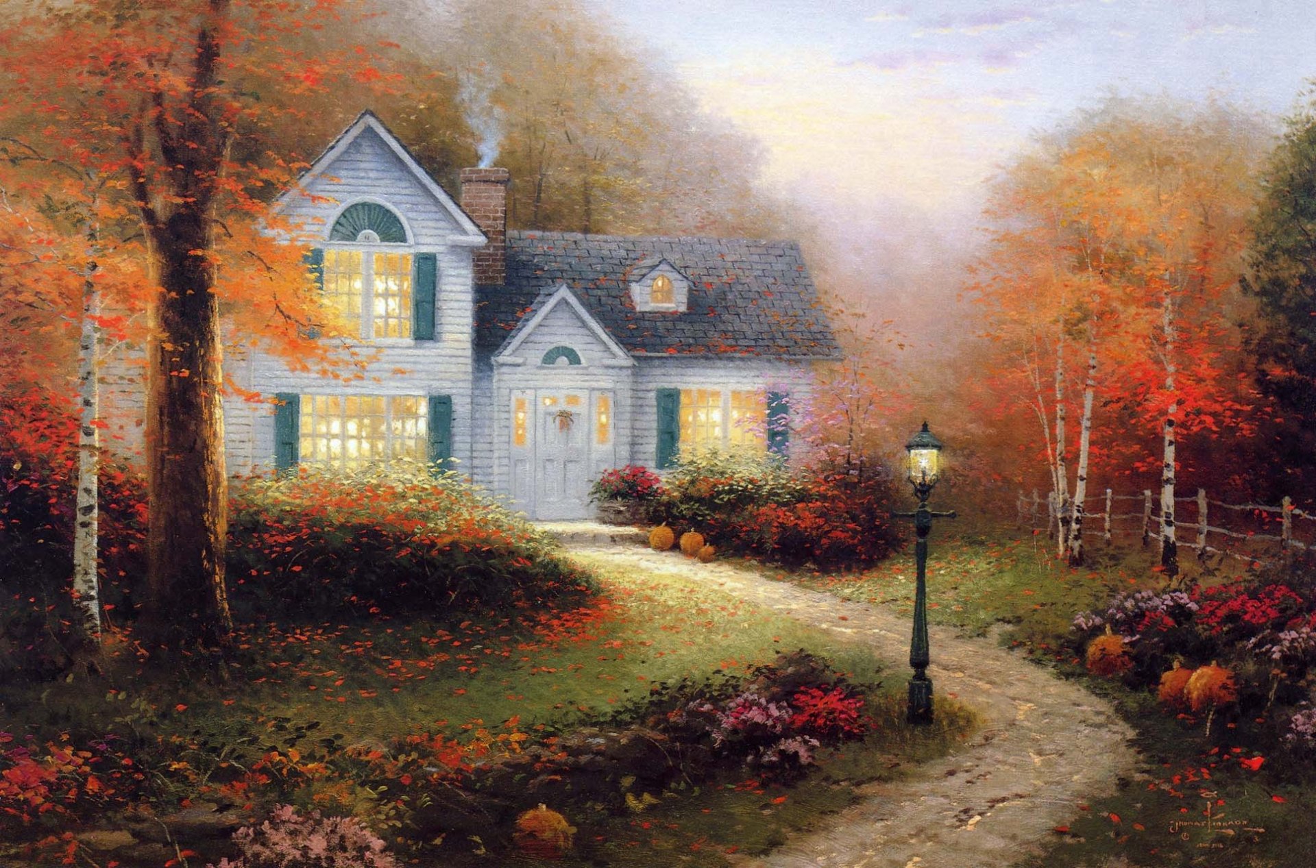 thomas kincaid kincaid painting painting autumn lantern cottage light smoke