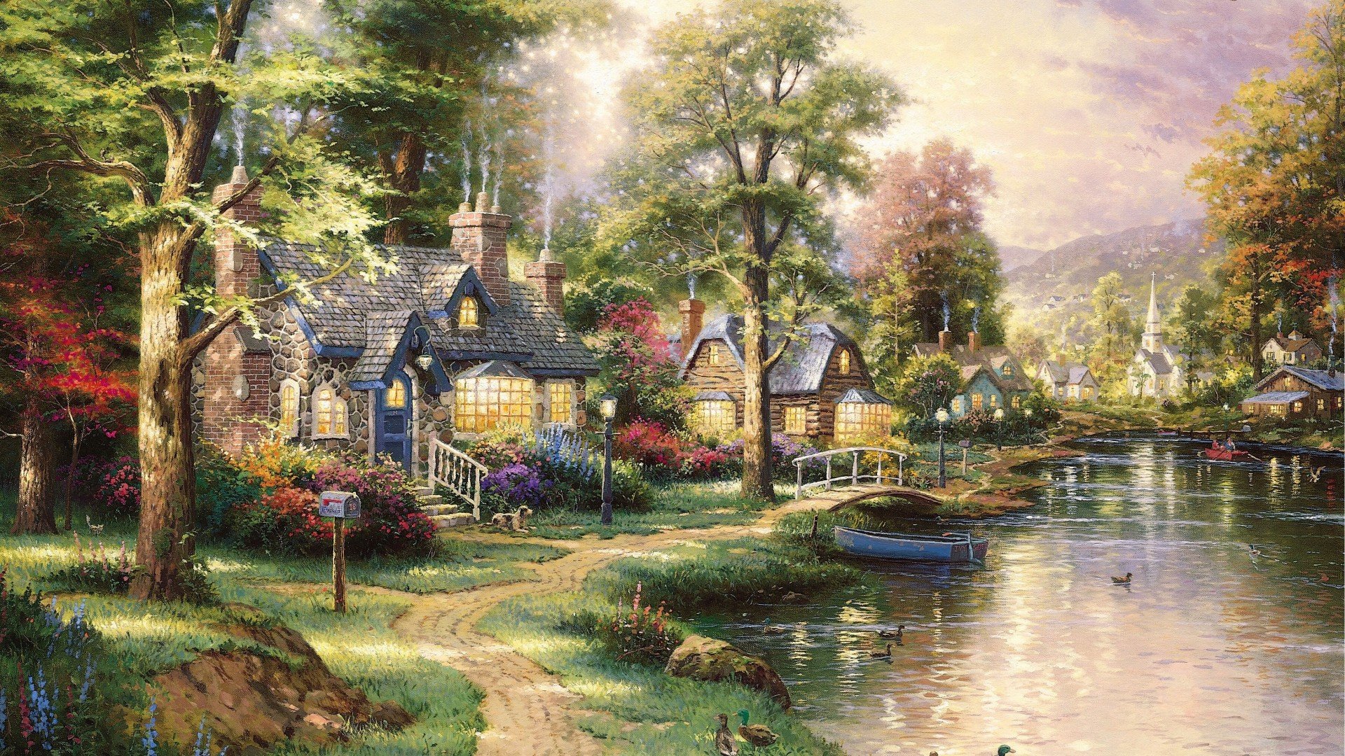 thomas kincaid art paysage beau peinture lac de ville natale peinture maisons sentier pont lac bateau canards