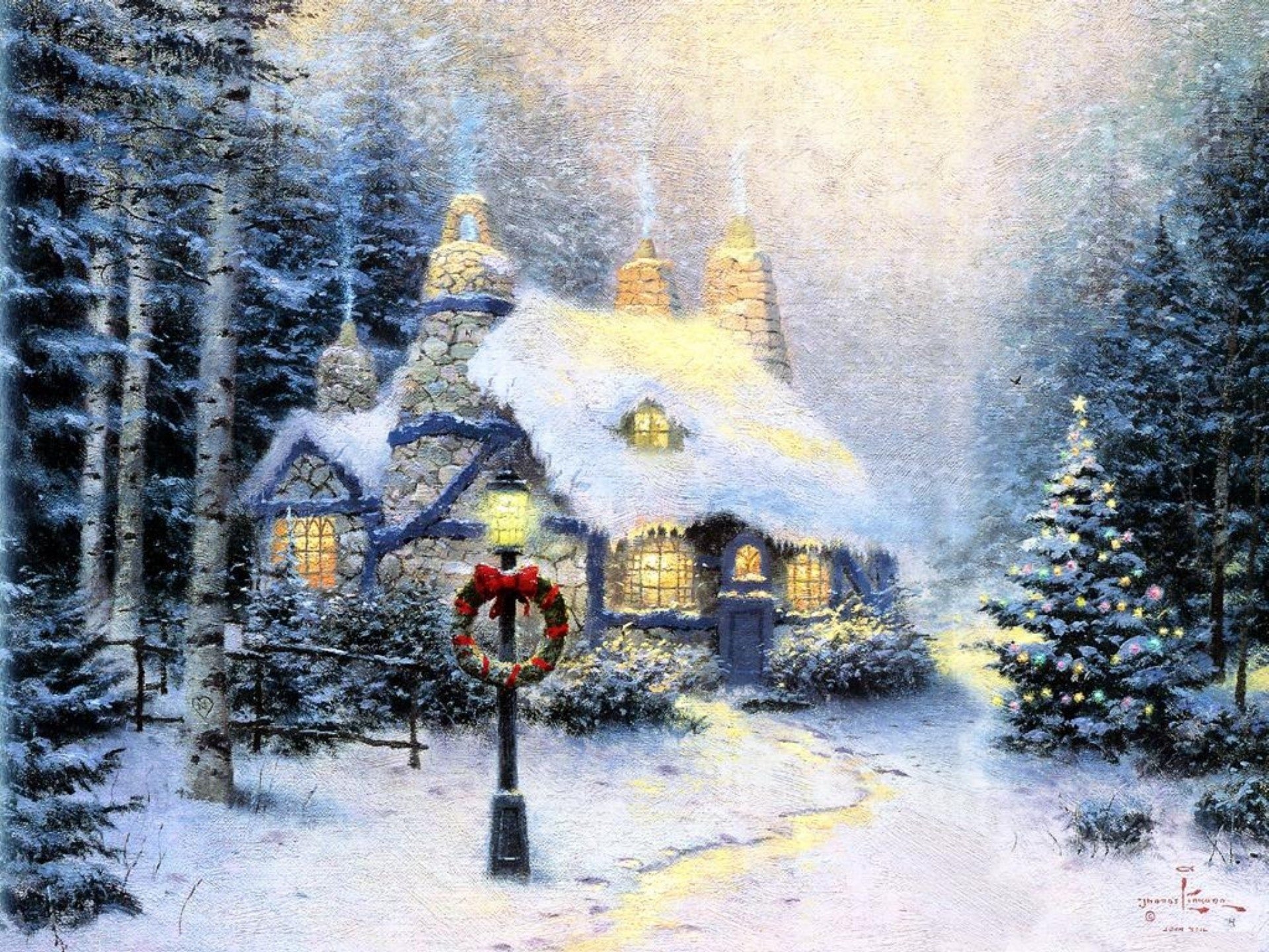 navidad decoración pintura stonehearth hutch paisaje invierno pintura thomas kincaid piedra cabaña ventanas guirnalda navidad corona