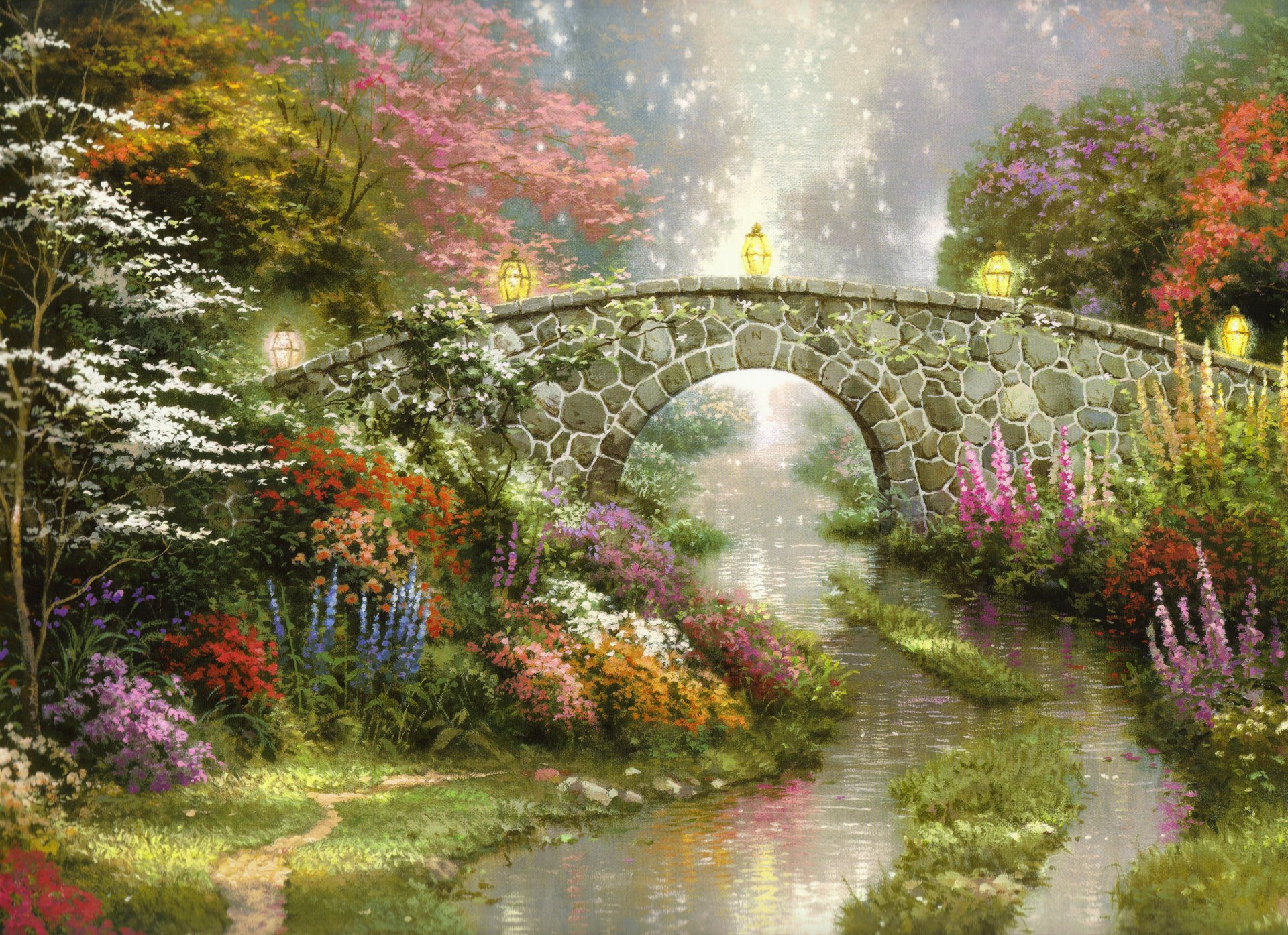 tillwater bridge thomas kincaid painting nature bridge flowers lamps magic beautiful magic lantern