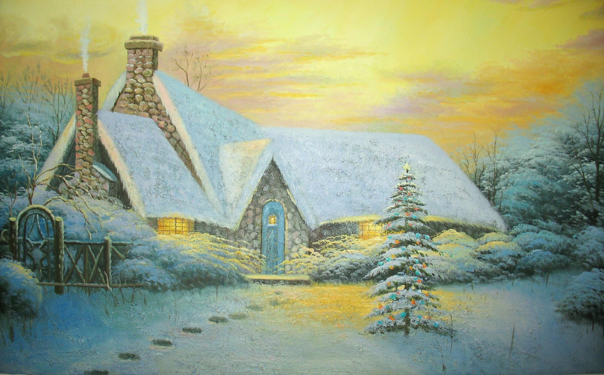 pittura thomas kincaid pittura immagine albero di natale cottage inverno cottage recinzione neve impronte