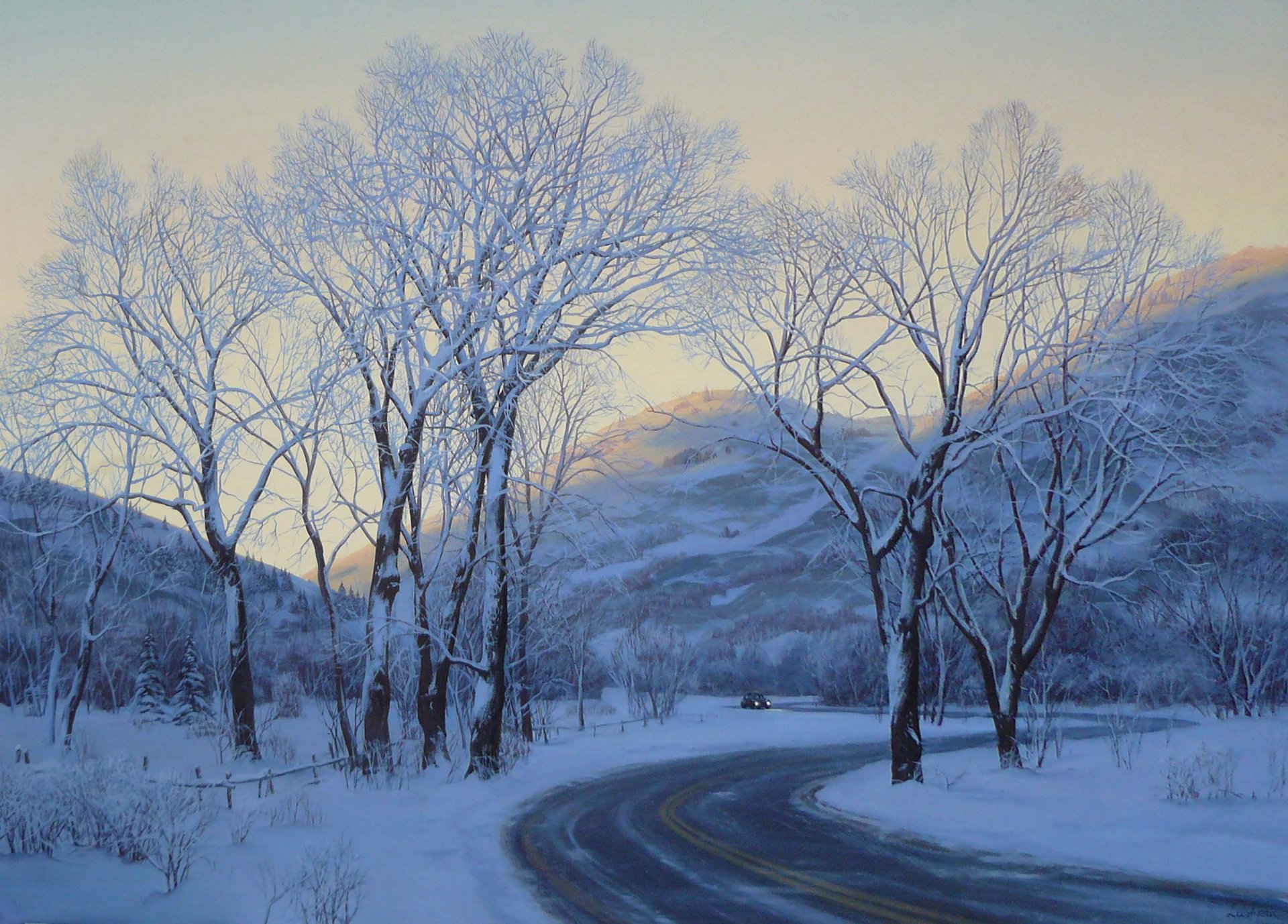 parco urbano eugene lushpin pittura arte lushpin inverno neve strada auto sera alberi eugene lushpin paesaggio lushpin inverno auto montagna