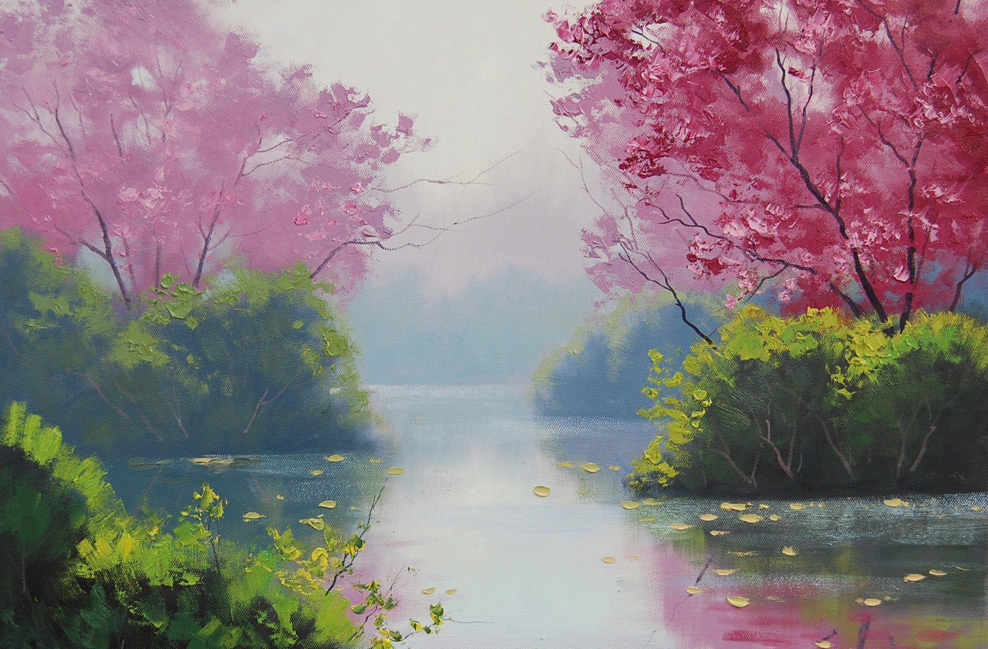 kunst artsaus landschaft bäume blüte see blätter wasser leinwand reflexion