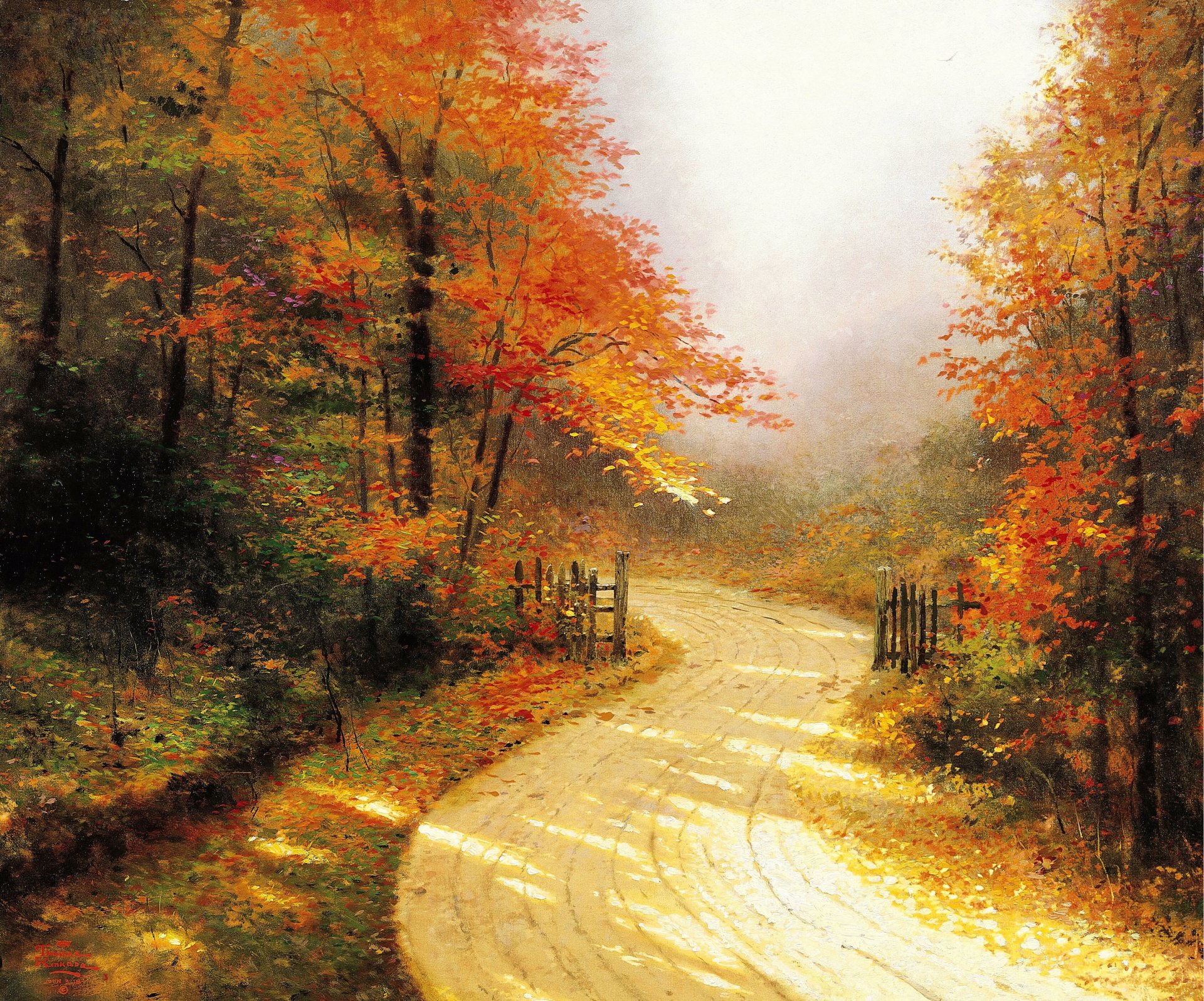 autumn lane thomas kinkade painting gold autumn road forest