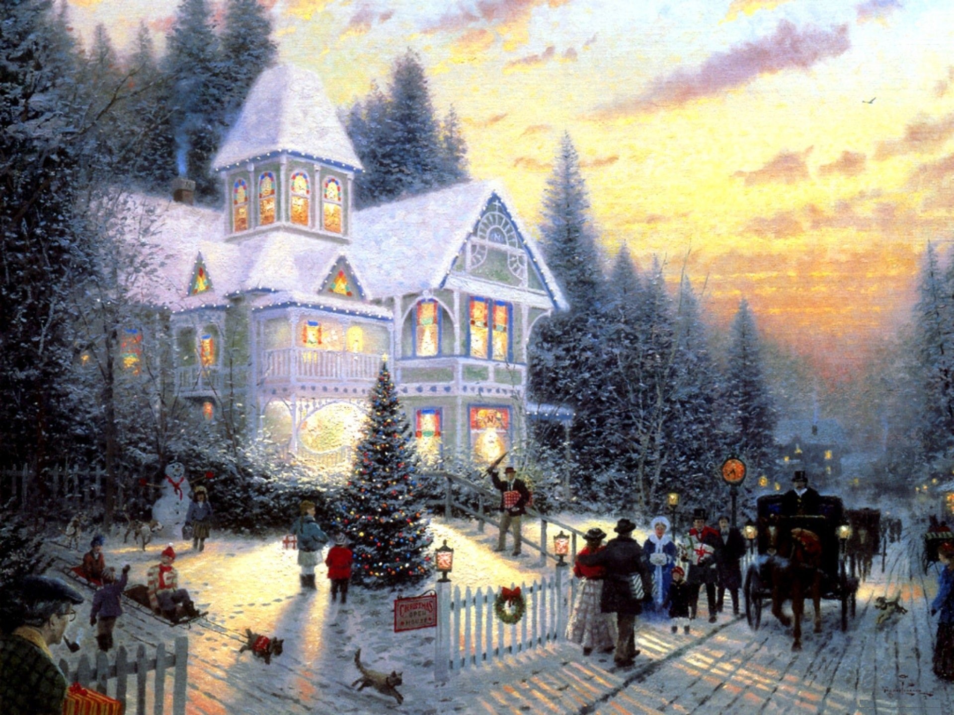 victorian christmas thomas kincaid cottage christmas tree christmas new year fun holidays recreation celebration congratulations painting painting horse cart carriage people gifts walk lights fir trees snowman dog cat children