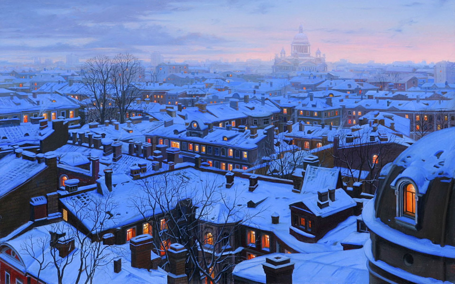 eugene lushpin san pietroburgo tetto sera casa tetto san pietroburgo inverno neve cattedrale di sant isacco cattedrale eugene lushpin pittura lushpin città isacco inverno