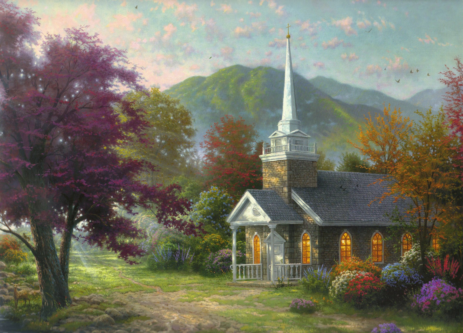 fiumi di acqua dal vivo thomas kincaid chapel natura fiori pittura montagne alberi cappella raggi di sole