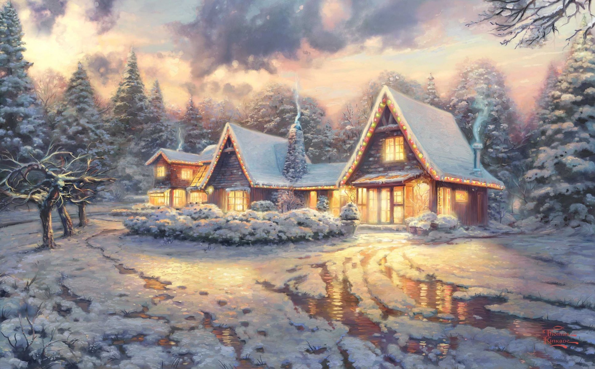 boże narodzenie lodge sztuka film film thomas kinkade thomas kinkade prezenty dom zima śnieg lód domek malarstwo nowy obraz christmas house domki zima światło dym chmury tytułowy