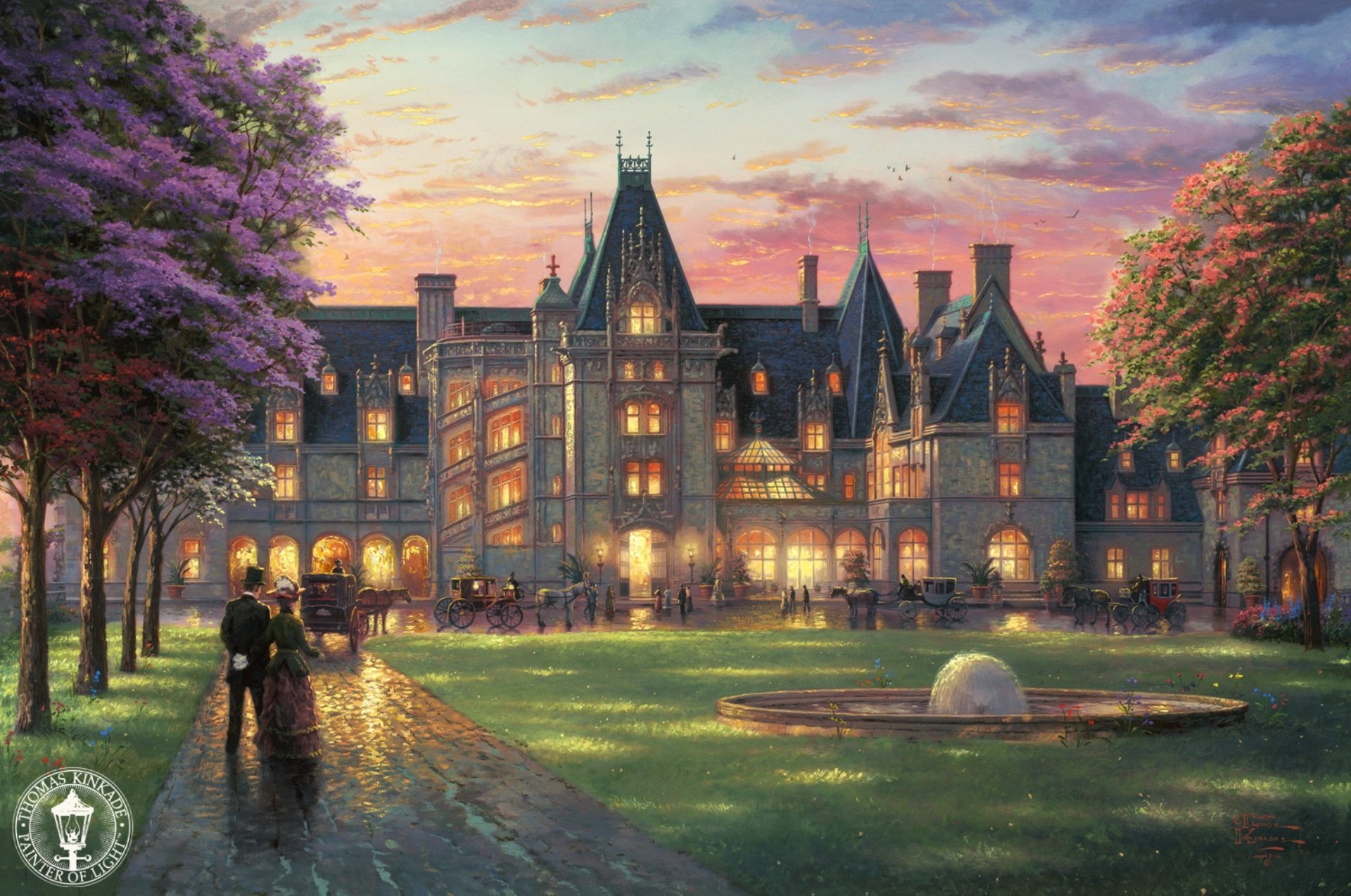 elegant evening at the biltmore thomas kincaid painting biltmore north carolina castle palace mansion garden french-style garden english style