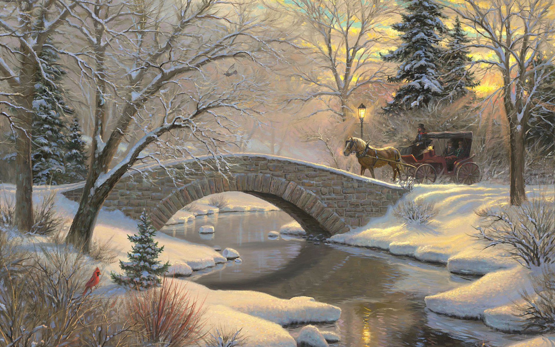 soirée vacances romantiques mark keatley peinture art hiver forêt rivière hiver irisé neige épinette oiseau pont lanterne cheval carrosse arbre de noël coucher de soleil