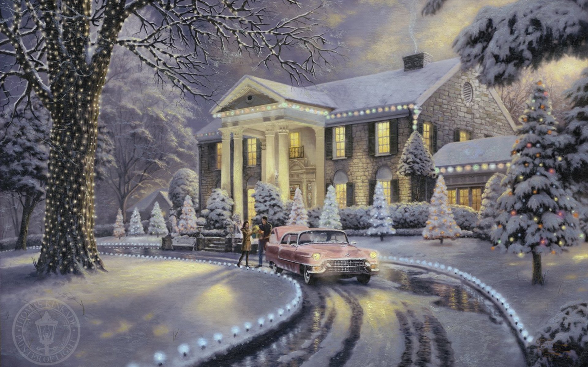 navidad en graceland thomas kinkade pintura vacaciones navidad árbol de navidad coche nieve linternas casa villa coche retro regalos árbol de navidad guirnaldas luces escarcha fabuloso hermoso