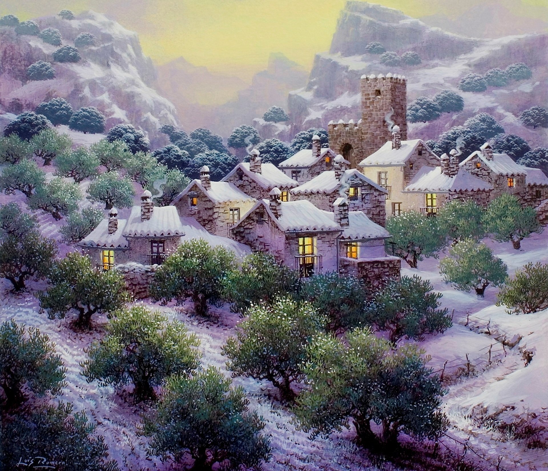 nieve en los olivares luis romero peinture neige dans une oliveraie neige montagnes cabanes oliviers arbres plantation