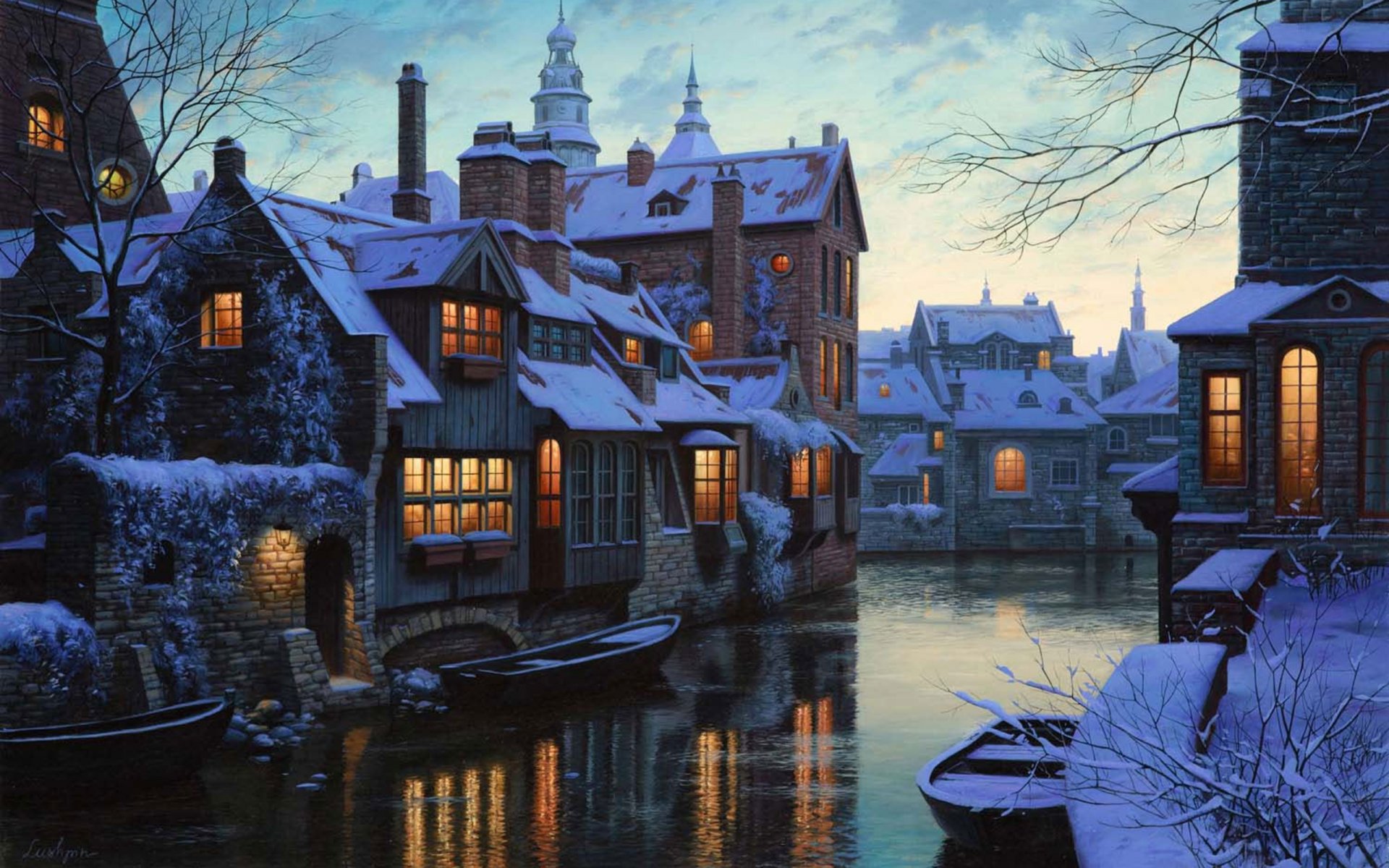 eugene lushpin zmierzch w brugii malarstwo eugene lushpin belgia brugia zmierzch śnieg zima domy latarnie rzeka łodzie lushpin zima