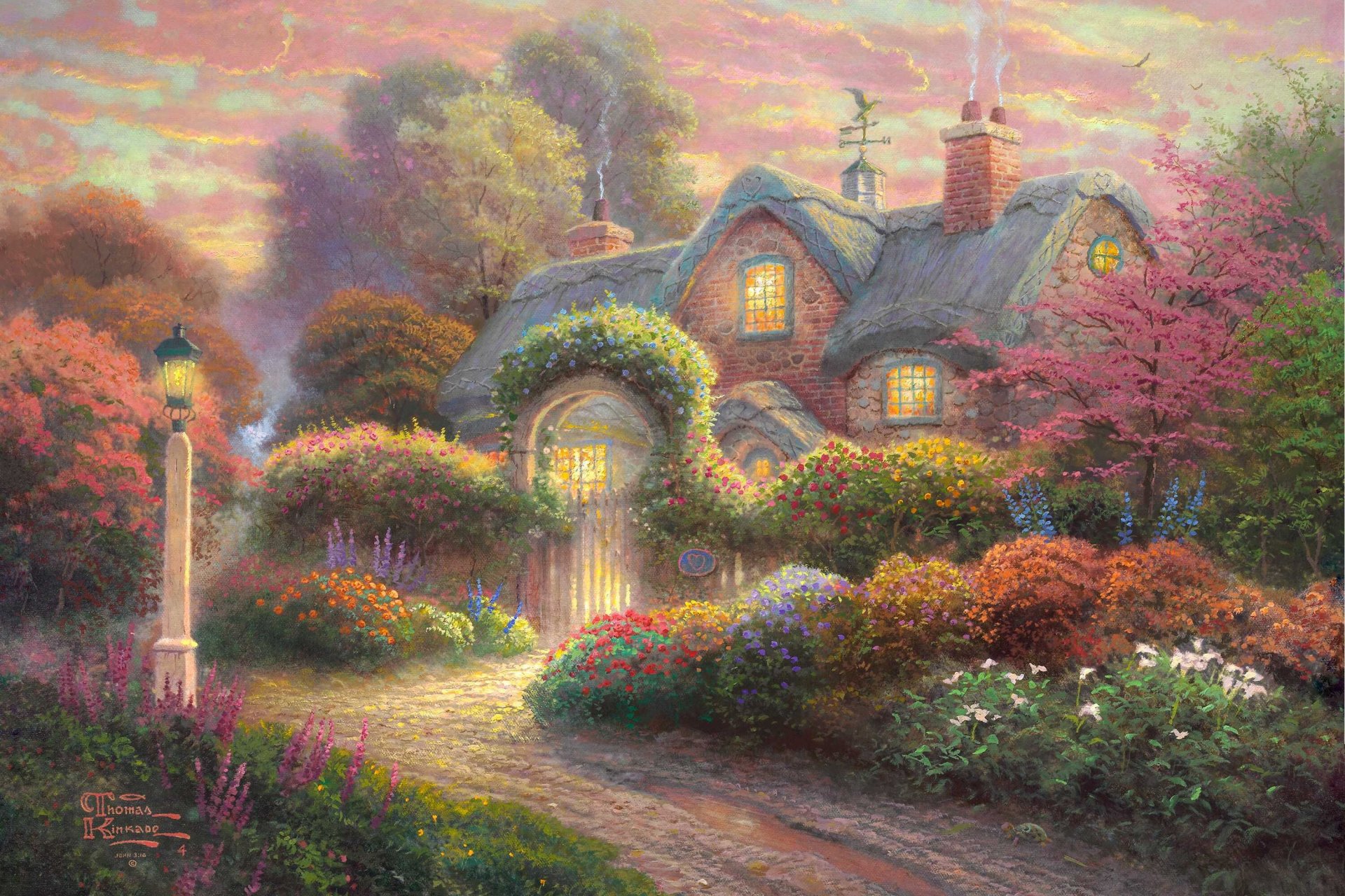 rose bud cottage thomas kinkade pintura casa de campo flores jardín linterna veleta