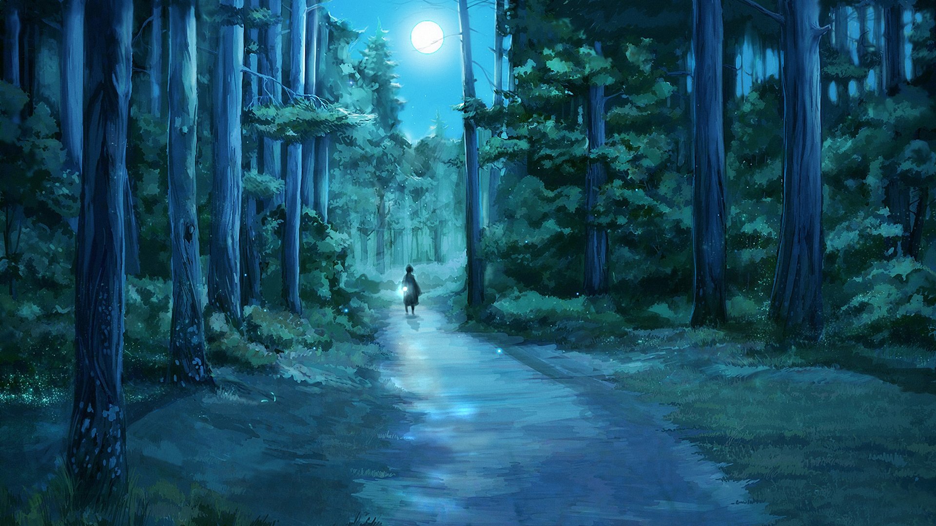 disegno foresta notte luna sentiero ragazza torcia elettrica lucciole