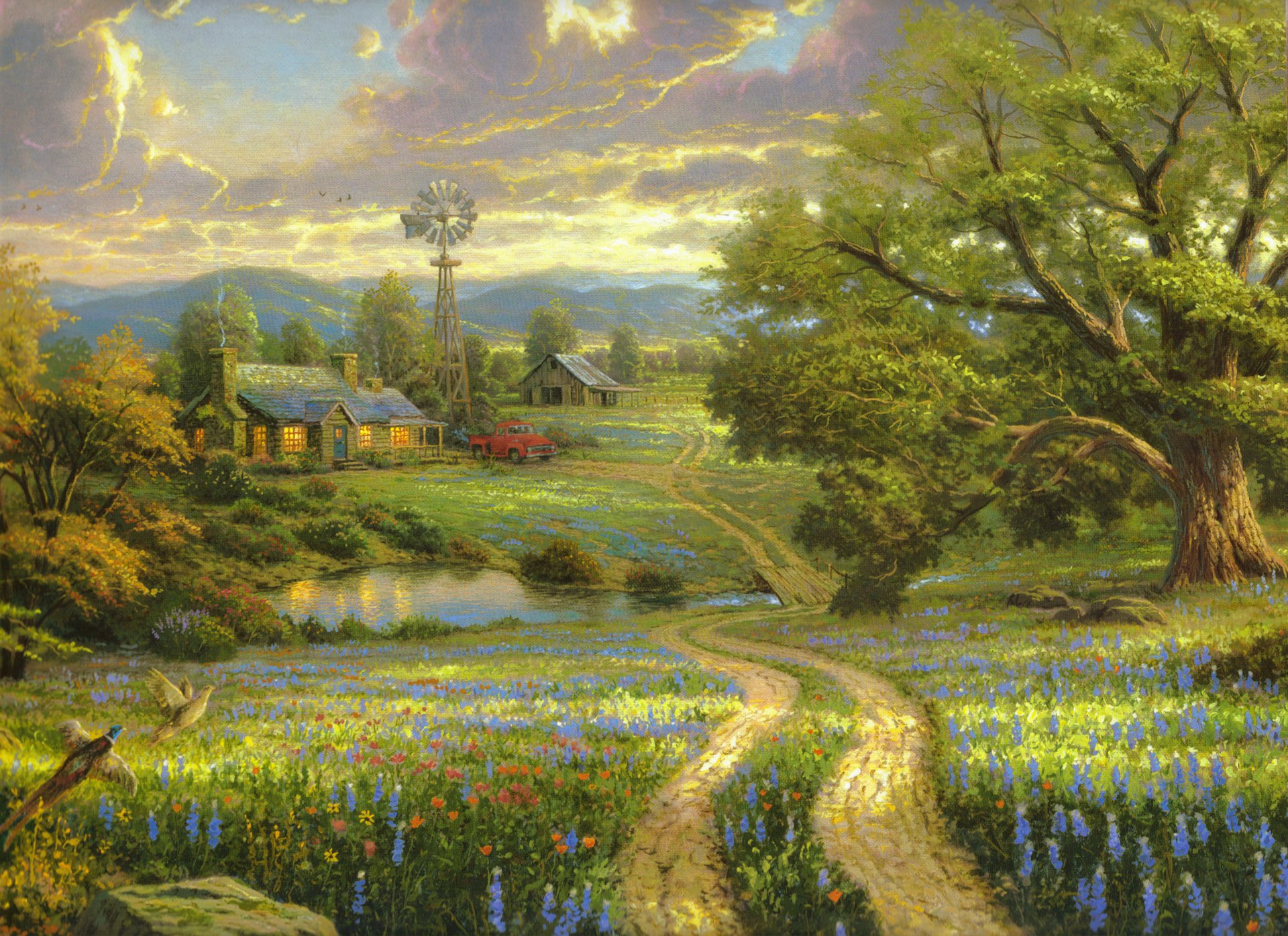 país vive thomas kinkade pintura árbol lago flores casa veleta grande campo puente madera coche aves montañas naturaleza