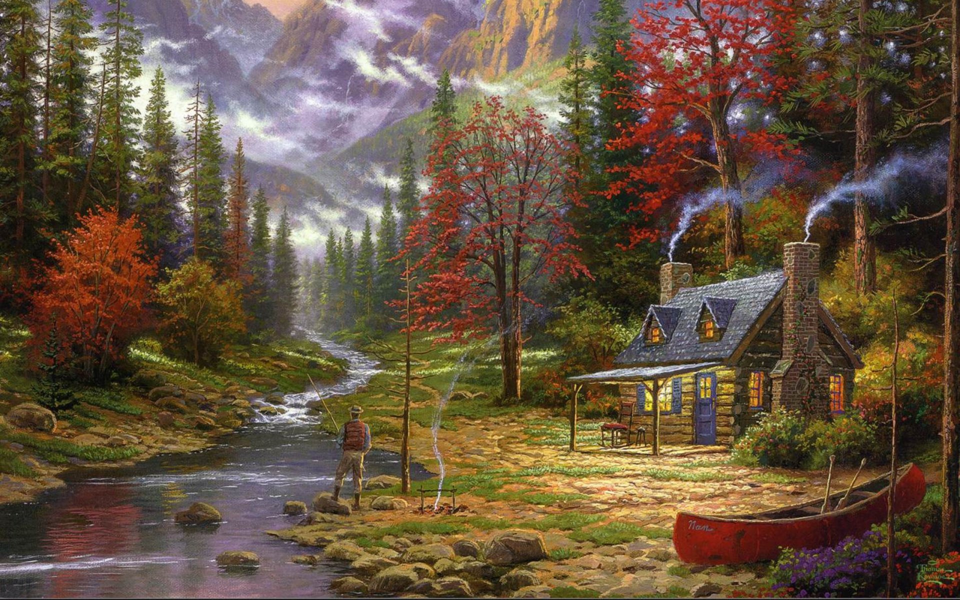 thomas kincaid la bonne vie peinture montagnes rivière pêcheur forêt épinette maison hutte cabane bateau peinture peintures dessin dessins art