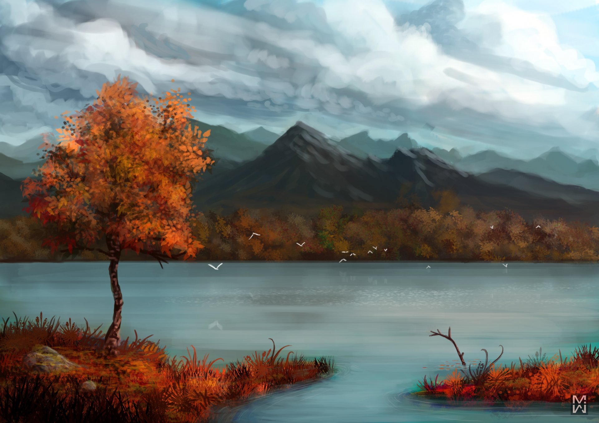 art autumn mountain river tree clouds bird