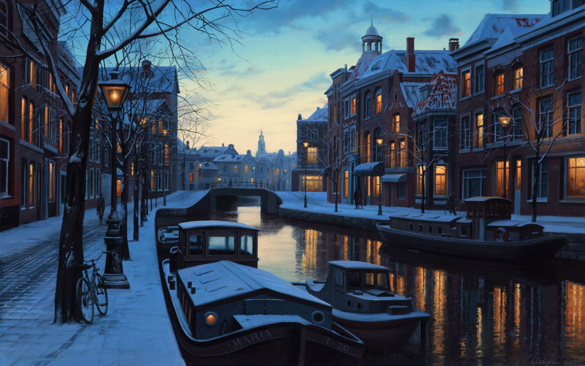 crépuscule d hiver eugene lushpin peinture amsterdam pays-bas hollande bateaux soirée lanternes neige lushpin rivière crépuscule hiver eugene lushpin lushpin hiver maison pont vélo lumières