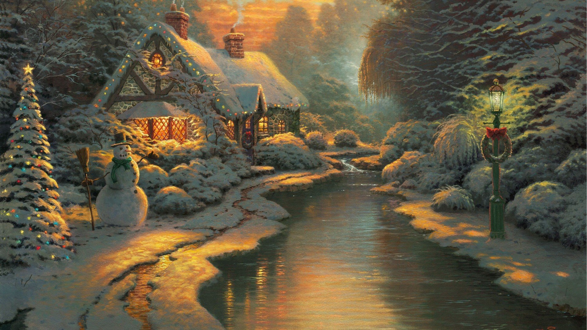 paesaggio thomas kincaid natale festa di natale capodanno casa fata pupazzo di neve fiume lanterna luci luce della finestra foresta inverno neve disegno pittura