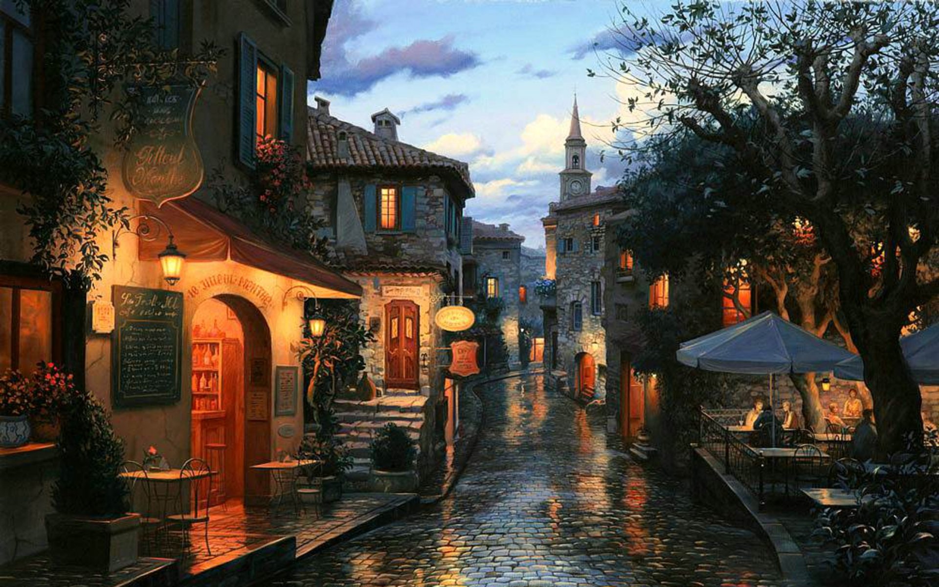 magia sera eugene lushpin pittura sera strada club ombrelli casa cappella eugene lushpin lushpin europeo città caffè bar tavoli ombrelli orologio